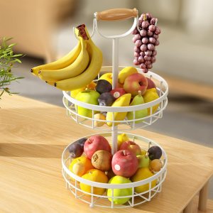 SAYZH Cesta de frutas de 2 niveles con soporte doble para árbol de plátano y mango de elevación de madera, cesta de alambre de metal para encimera SAYZH Cesta de frutas de 2 niveles con soporte doble para árbol de plátano y mango de elevación de madera, cesta de alambre de metal para encimera