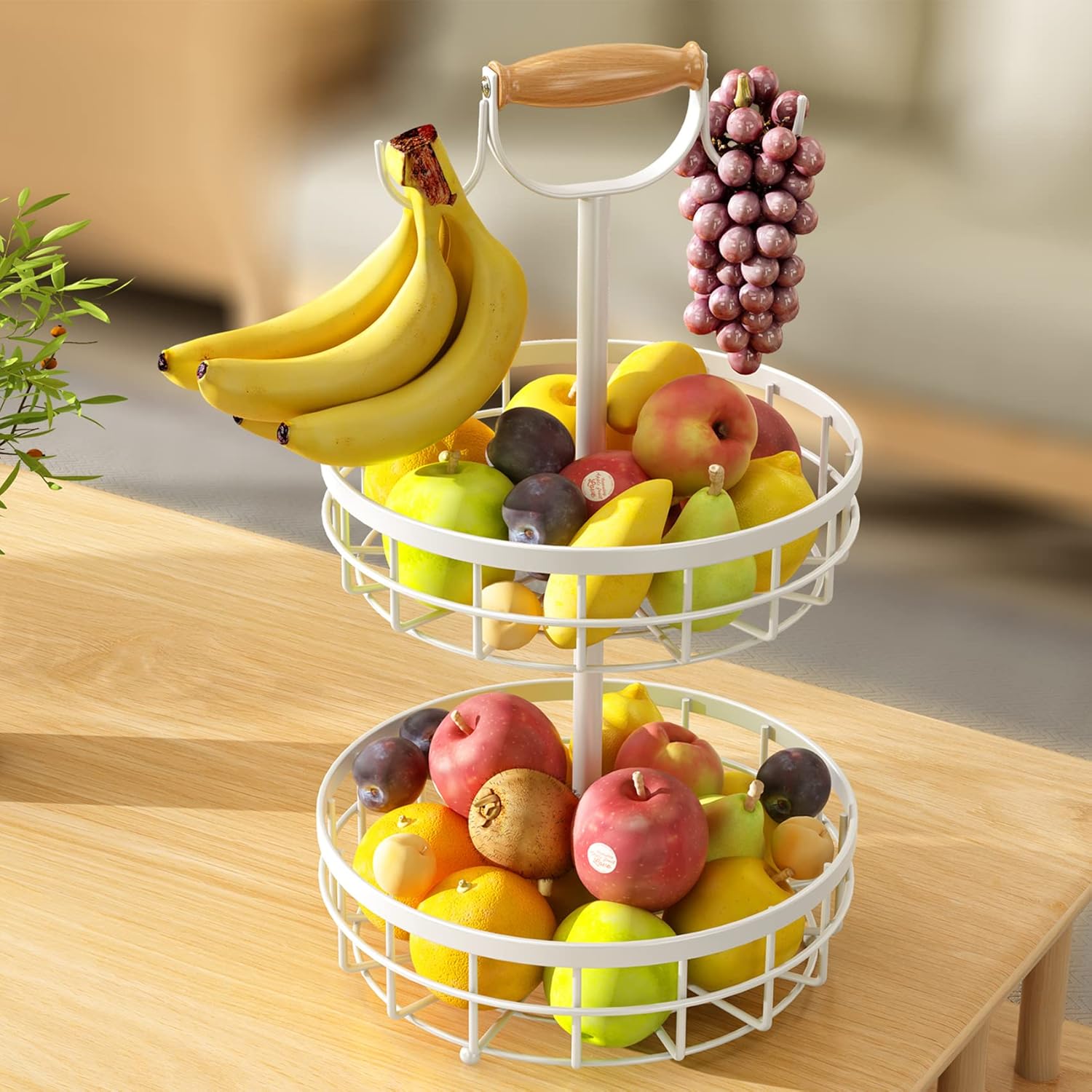 SAYZH Cesta de frutas de 2 niveles con soporte doble para árbol de plátano y mango de elevación de madera, cesta de alambre de metal para encimera
