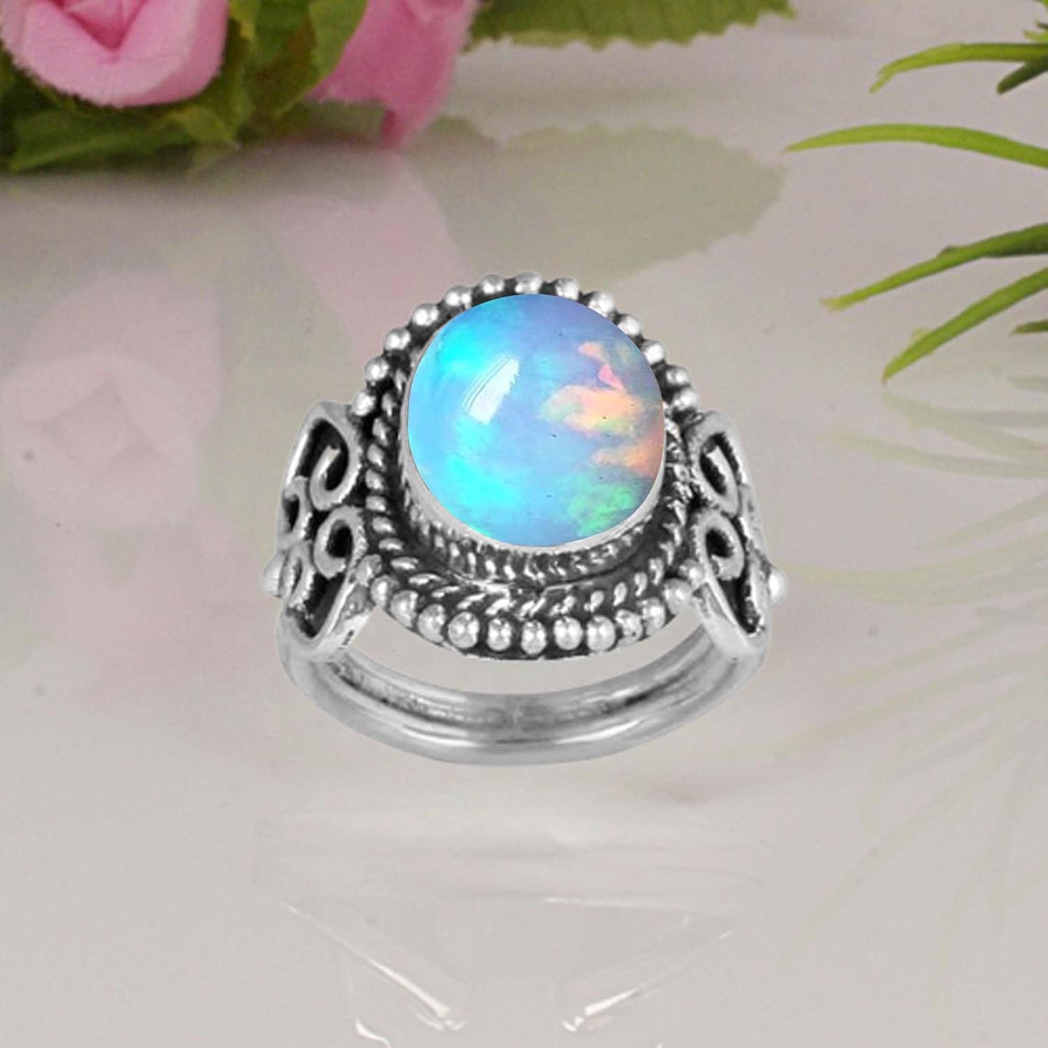 Elegant Aurora Opal Ring 925 Sterling Silver Ring Handmade Cabochon Oval Gemstone Designer Ring For Women Opal Jewelry Nature Inspired Ring By NKG