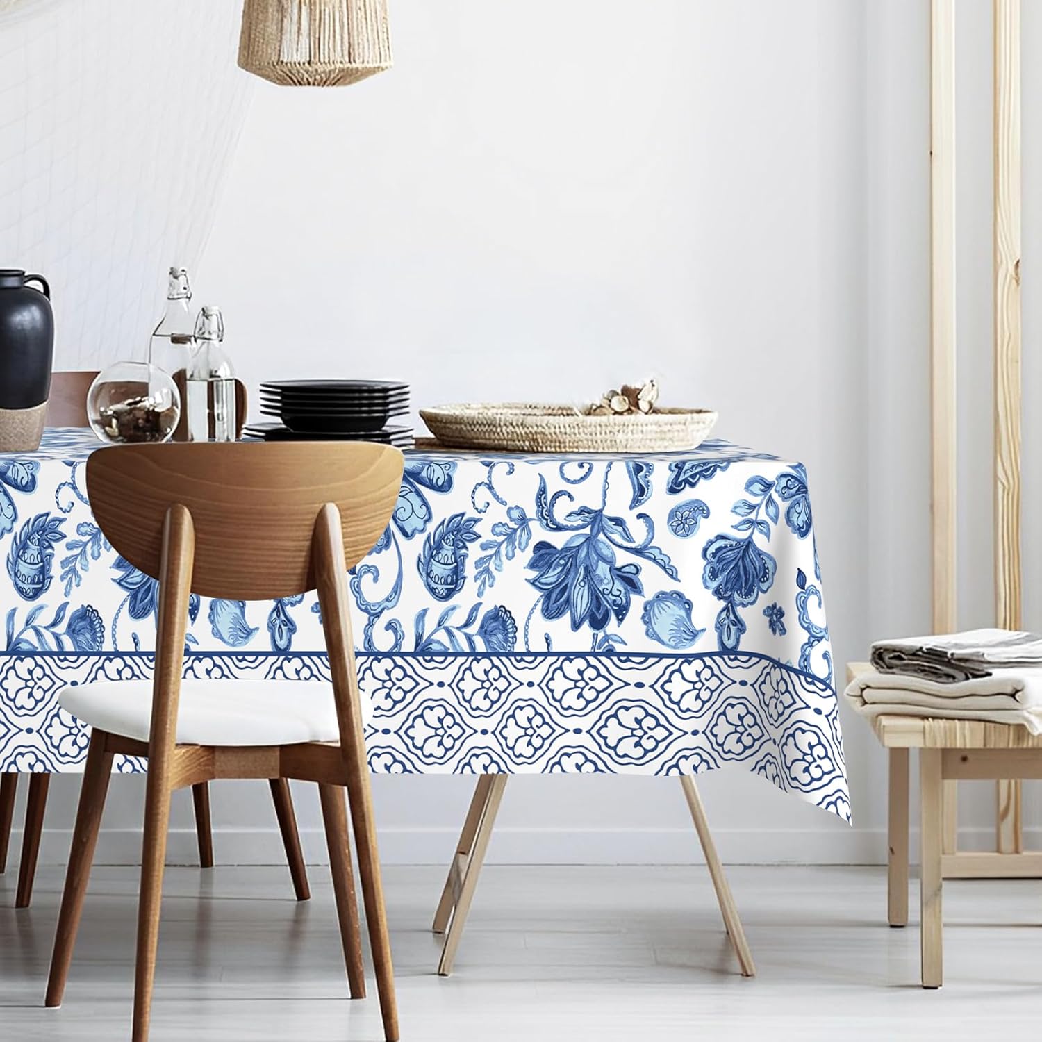 Mantel de tela impermeable de porcelana blanca y azul, rectangular, a prueba de arrugas, resistente al aceite, para mesa de comedor, fiestas de bufé