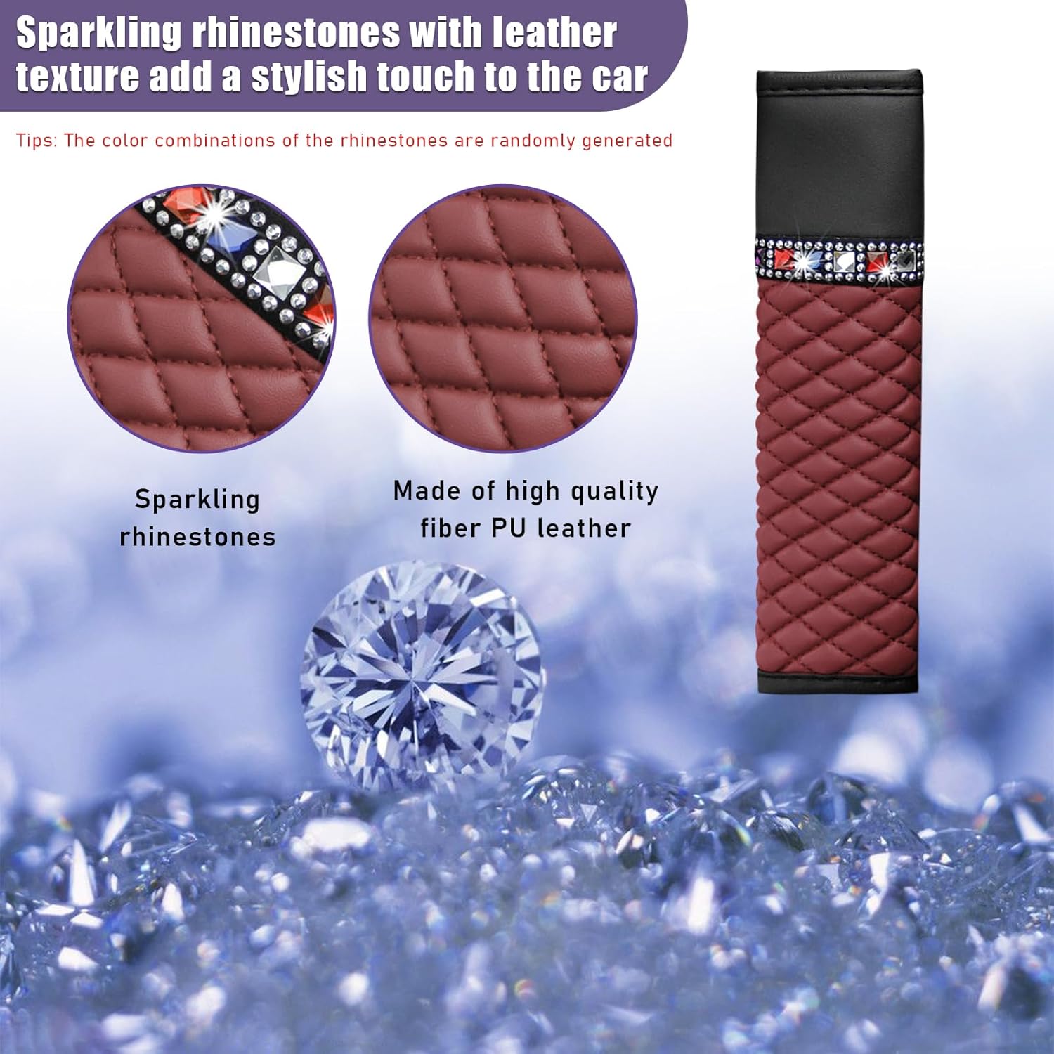 Ziciner 2 fundas de cuero para cinturón de seguridad, fundas para cinturón de seguridad con diamantes de imitación brillantes para mujer,