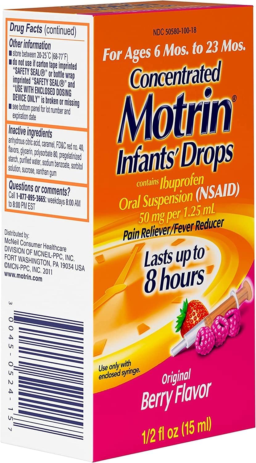Motrin Gotas concentradas para bebés, reductor de fiebre, ibuprofeno, sabor a bayas.5 onzas (paquete de 2)