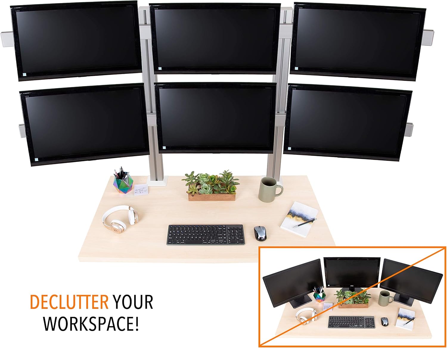 Stand Steady Configuración de escritorio para 6 monitores, soporte de monitor ajustable en altura resistente, brazo giratorio con base de