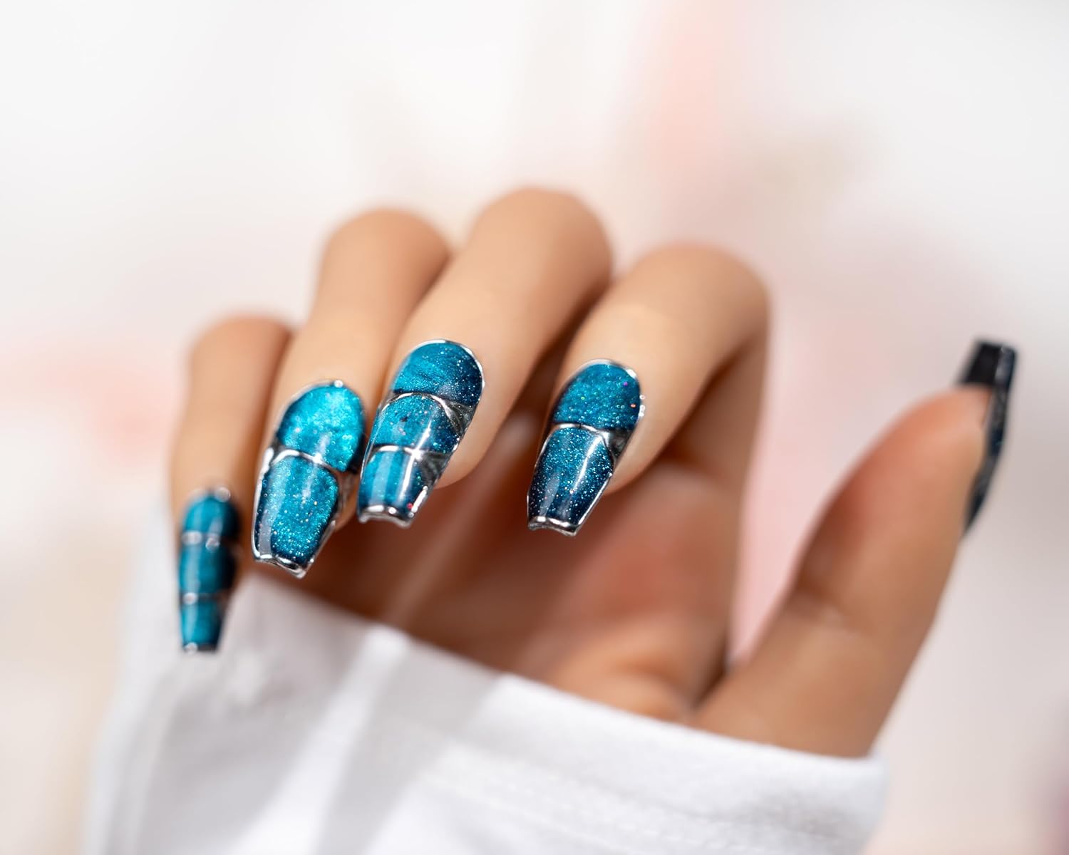 Uñas postizas a presión, Star Walk, hechas a mano, cielo nocturno estrellado, con purpurina, acabado UV, uñas postizas acrílicas gruesas y multigel,