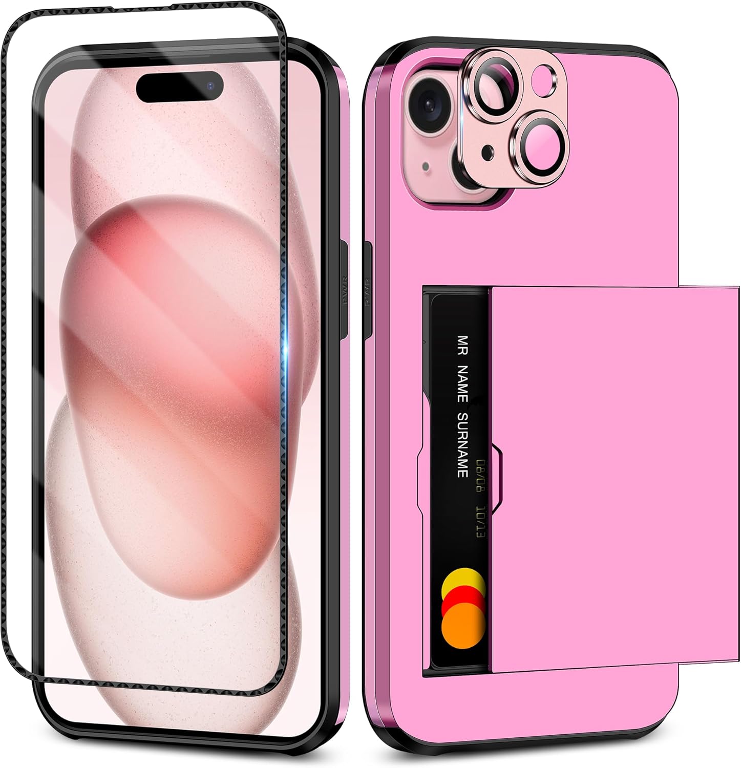 SAMONPOW Funda 4 en 1 para iPhone 15 con tarjetero, protector de pantalla y funda para cámara, funda híbrida tipo cartera para iPhone 15 de cuerpo