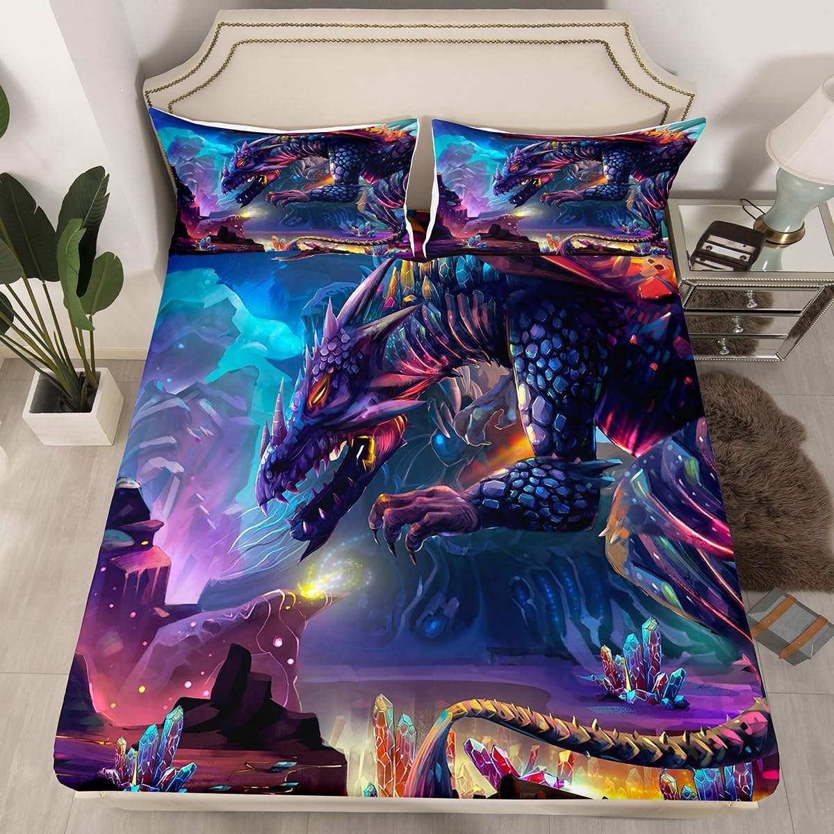 Feelyou Juego de sábanas para niños, tamaño individual, diseño de dragón de fuego para niños y niñas, decoración mágica de dinosaurios, juego de