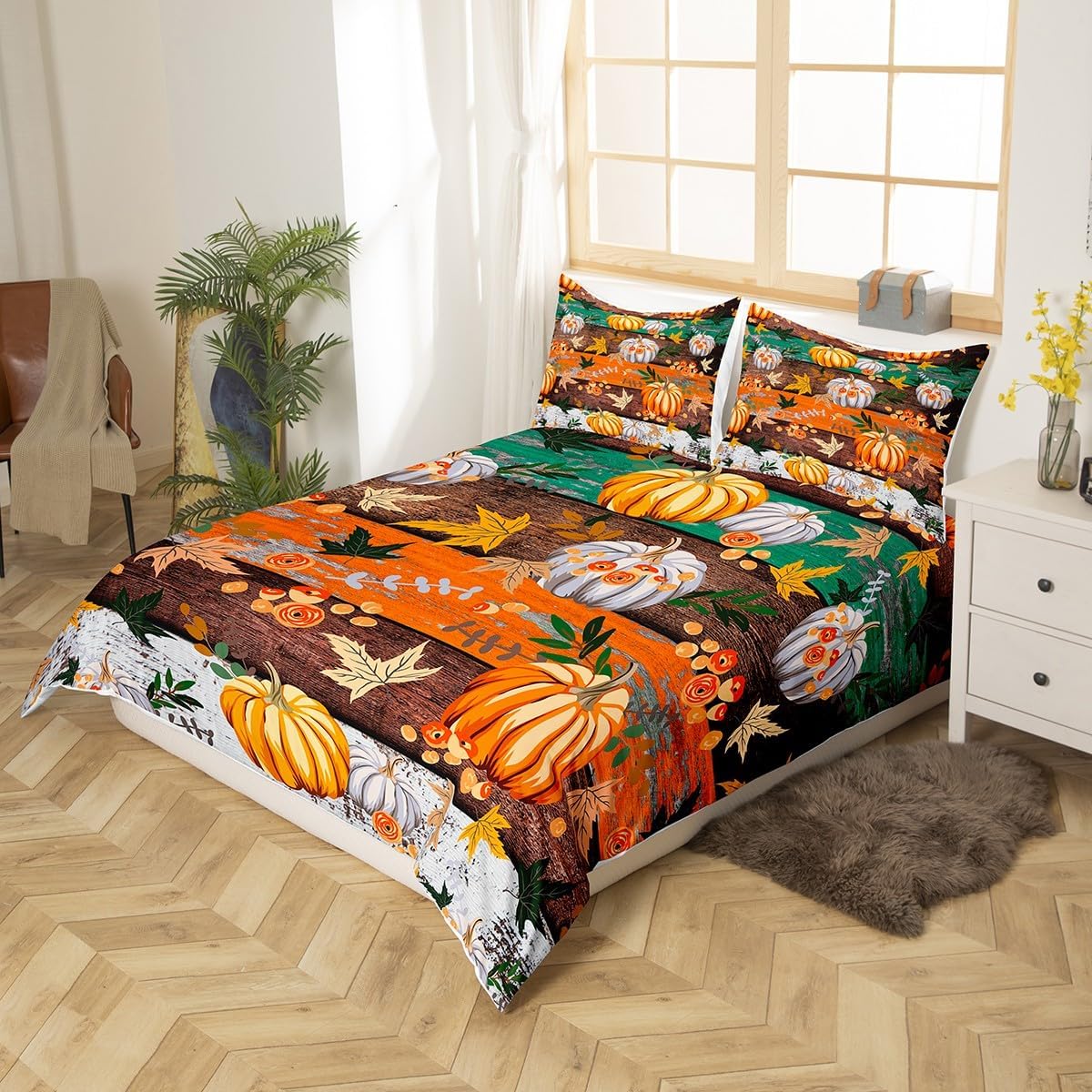 Juego de funda de edredón para niños con diseño de calabaza otoñal, tamaño King, juego de ropa de cama rústica con tablones de madera, decoración de