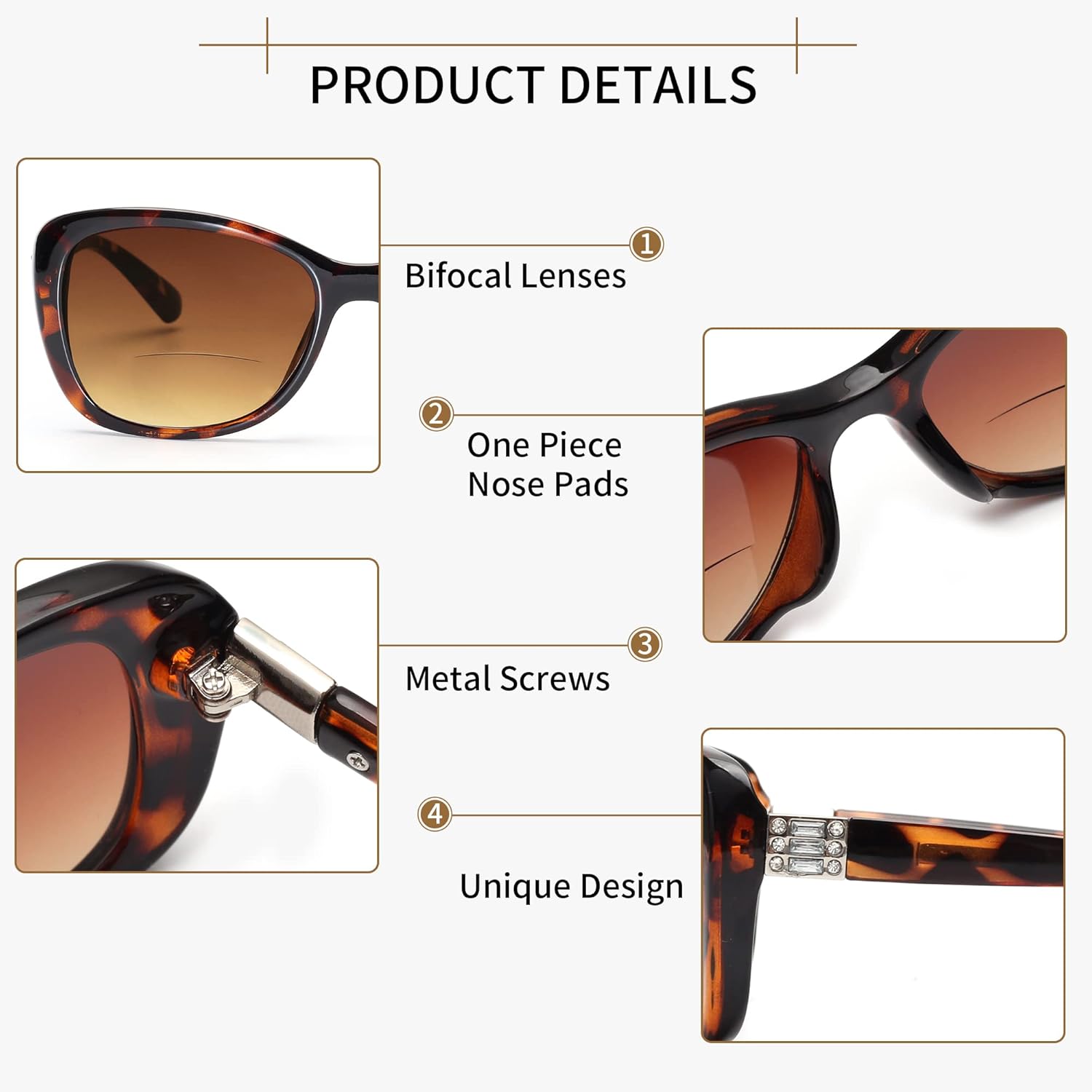 JM Gafas de sol bifocales de lectura para mujer, lentes de lectura vintage, protección UV, tortuga para exteriores +2.0