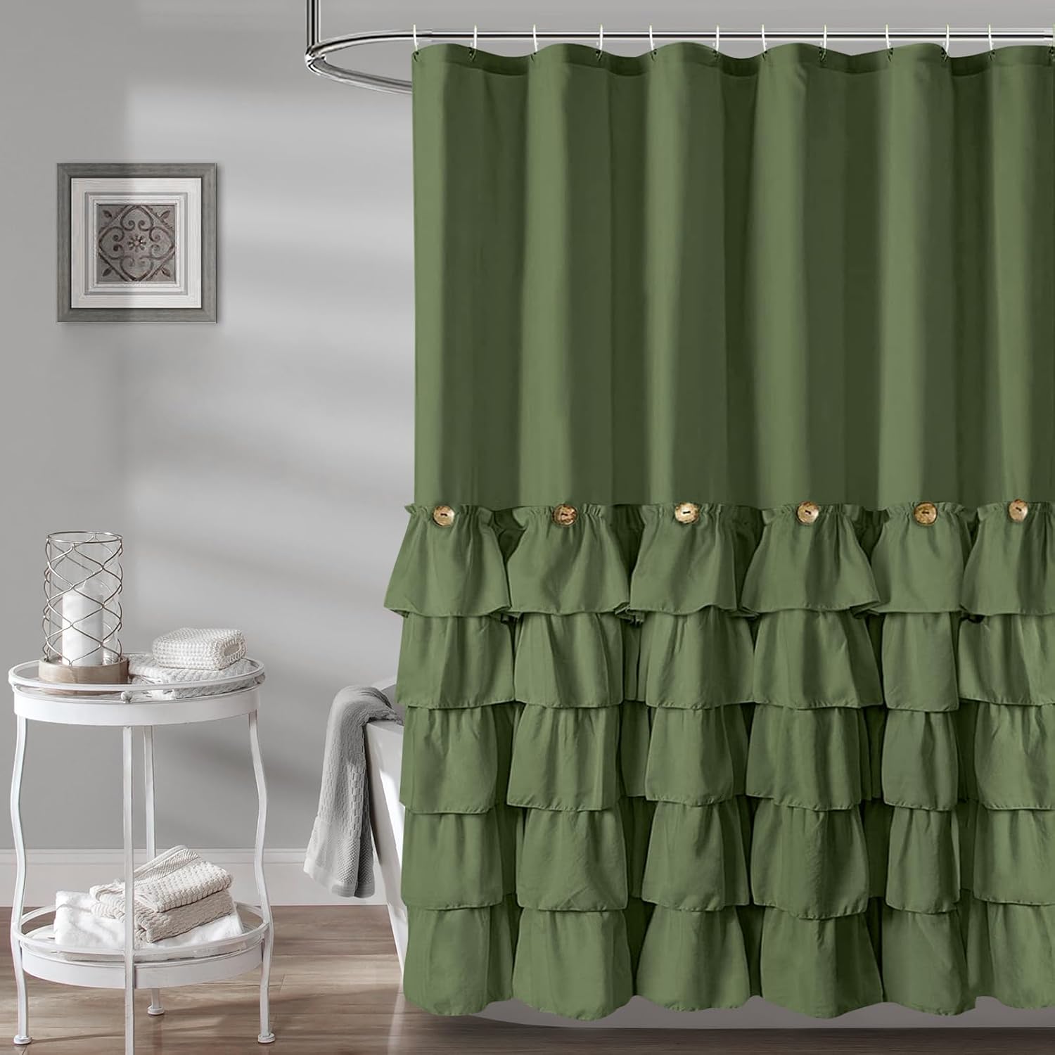 Seasonwood Cortina de ducha verde salvia para baño, bonita cortina de ducha con volantes, 72 x 72 pulgadas, cortinas de ducha con botones y volantes