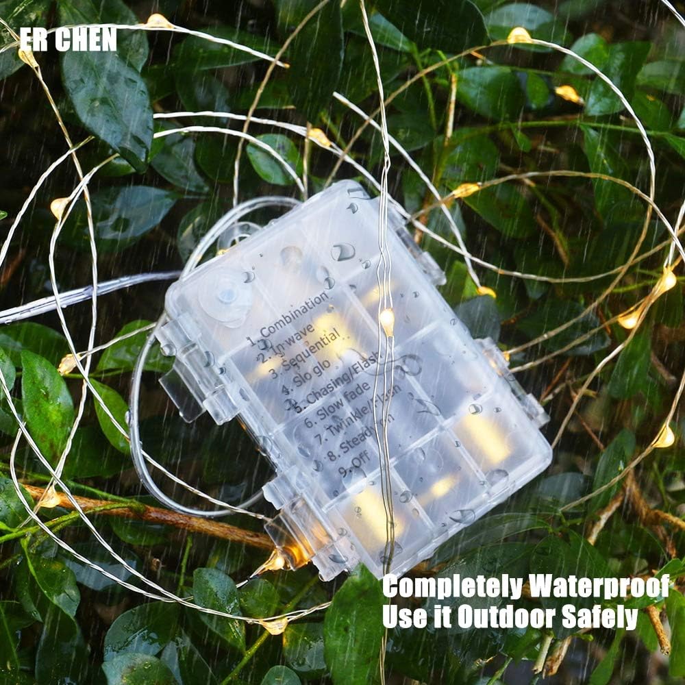ER CHEN 200 luces LED, luces de hadas impermeables que funcionan con pilas, con control remoto, 66 pies, 8 modos, alambre de cobre recubierto de