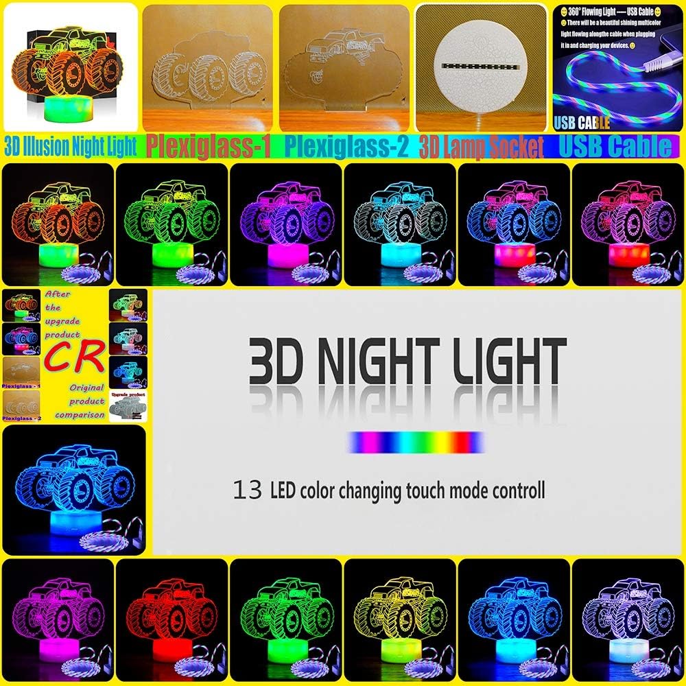 Idee Monto Hot Wheels Monster Truck Jam, Monster Trucks para niños, camión monstruo zombi, lámpara de ilusión LED 3D, luces nocturnas para niños