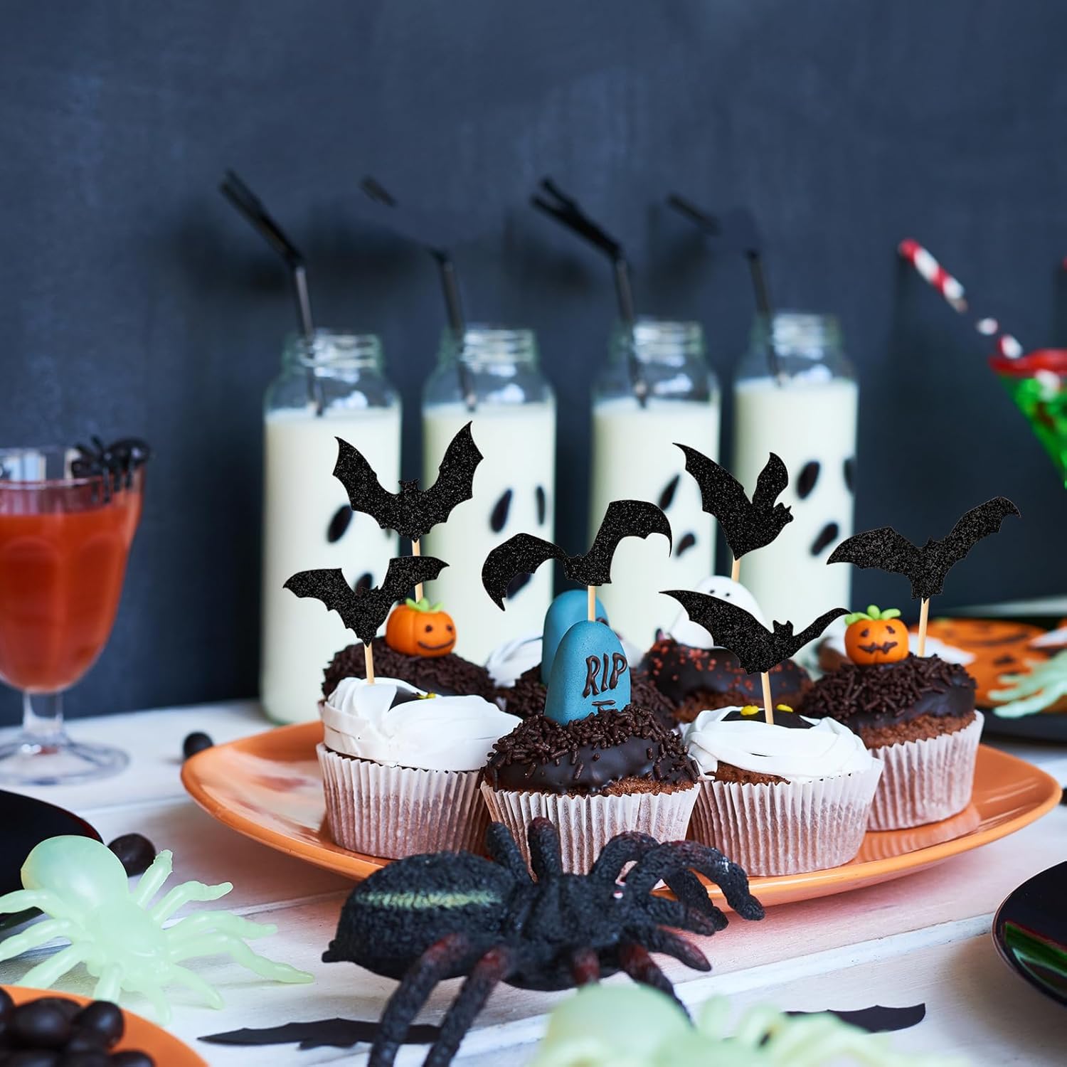 36 piezas de decoración de murciélagos de Halloween con purpurina para cupcakes de Halloween, murciélagos, baby shower, decoración de pasteles para