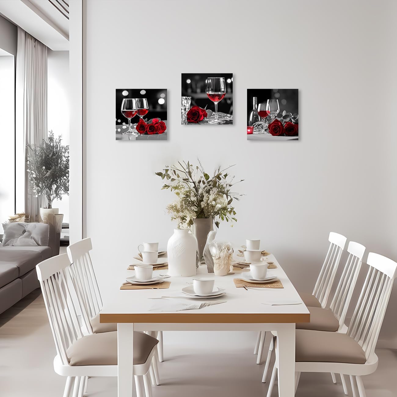 QIXIANG Lienzo de pared con rosas de vino tinto para decoración de cocina, 3 piezas de impresiones de imagen en blanco y negro para decoración de