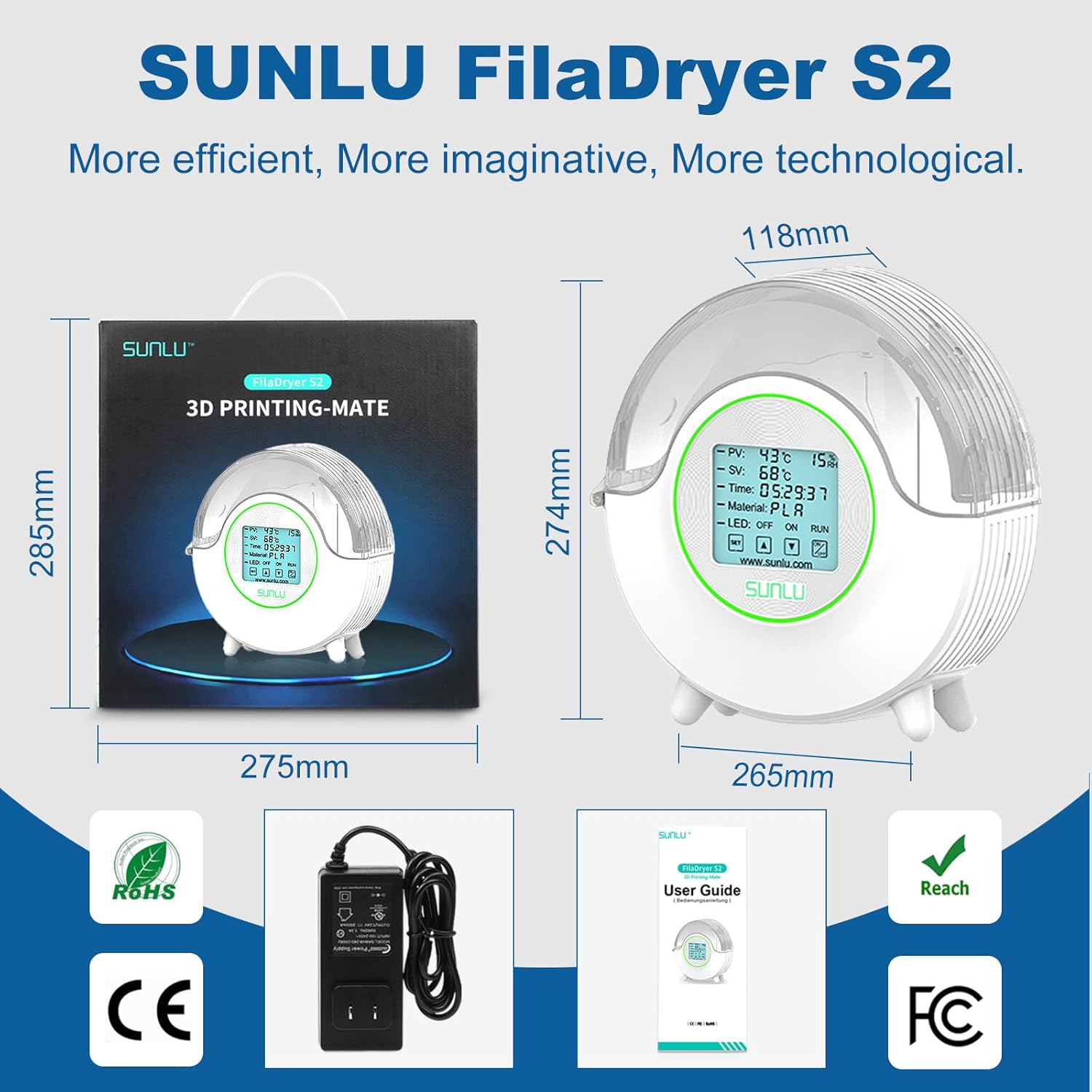 SUNLU – Caja secadora de filamento S2 blanca para filamento de impresora 3D, deshidratador de almacenamiento de filamento mejorado para filamento