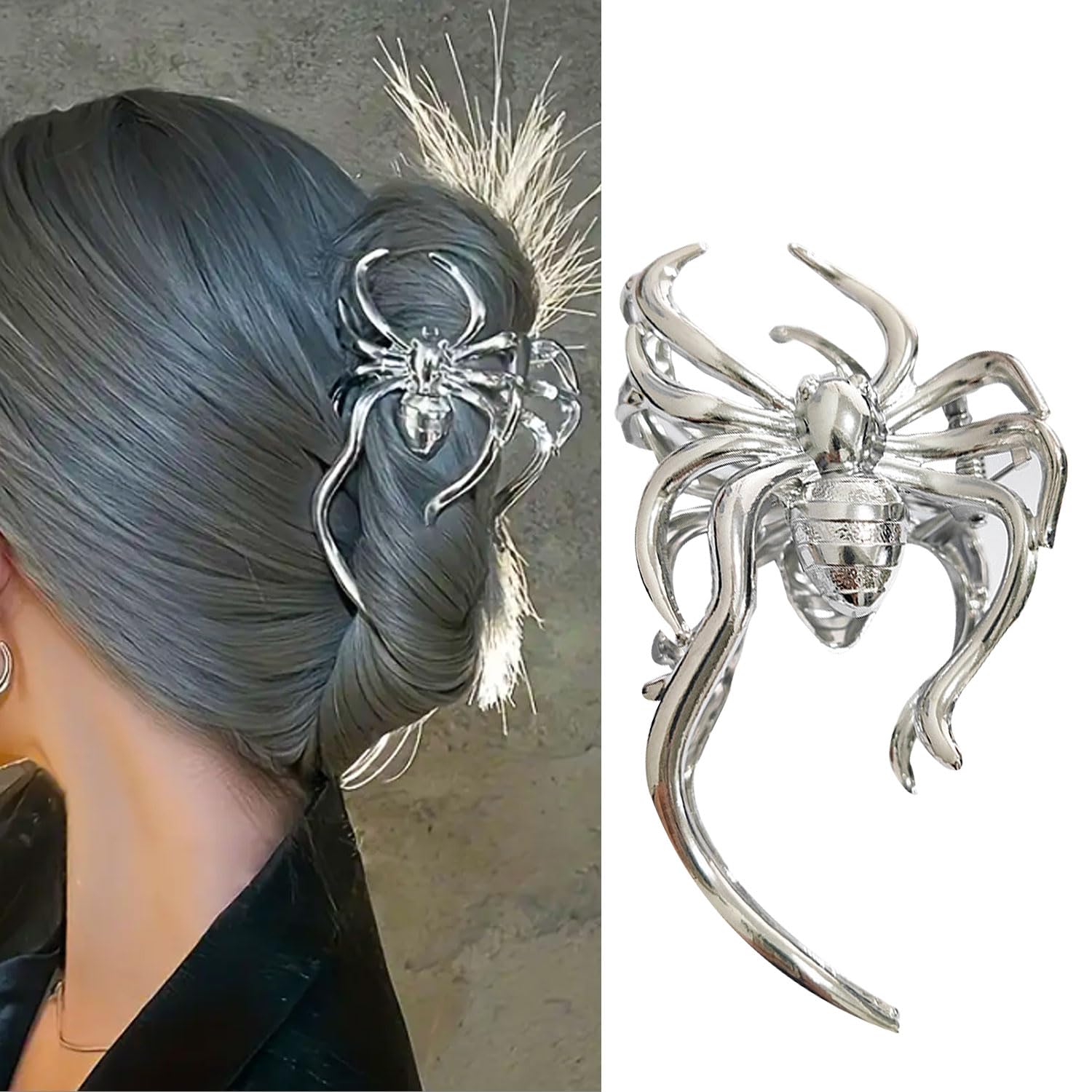 Pinzas de metal para el cabello, pinzas de aleación para el cabello, 1 pinza de metal de araña plateada para el cabello estilo punk y Y2K (araña