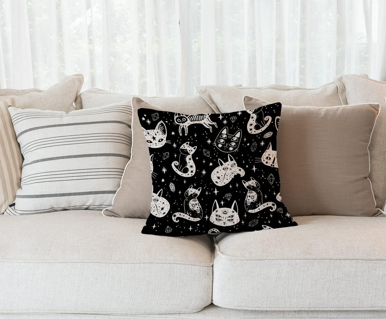 Funda de almohada cuadrada con diseño de gato de bruja y calavera de azúcar, decoración del hogar, 18 x 18 pulgadas