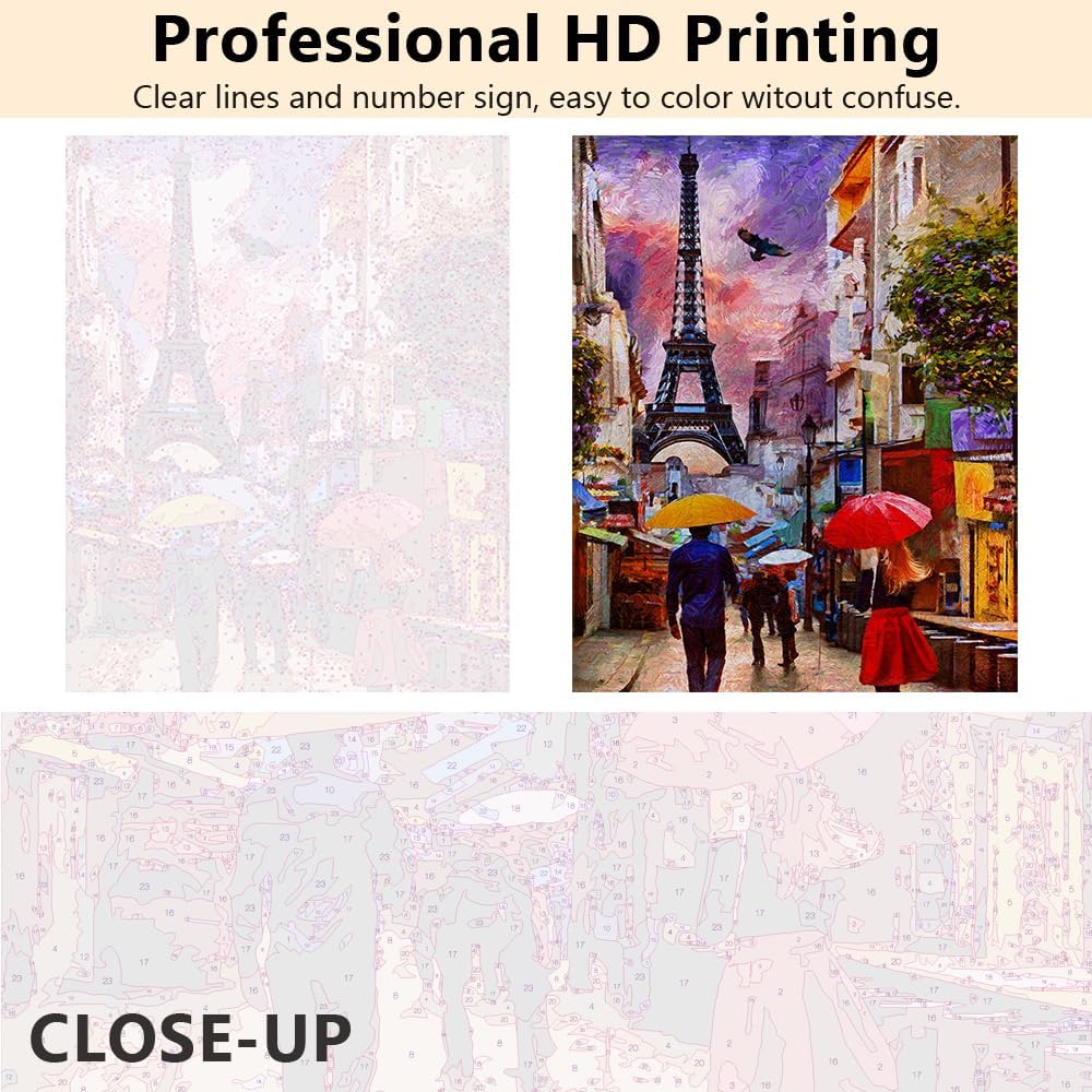 TUMOVO Pintura por número para adultos, Día lluvioso de París, kits de pintura por números, torre Eiffel, kits de pintura por números para adultos,