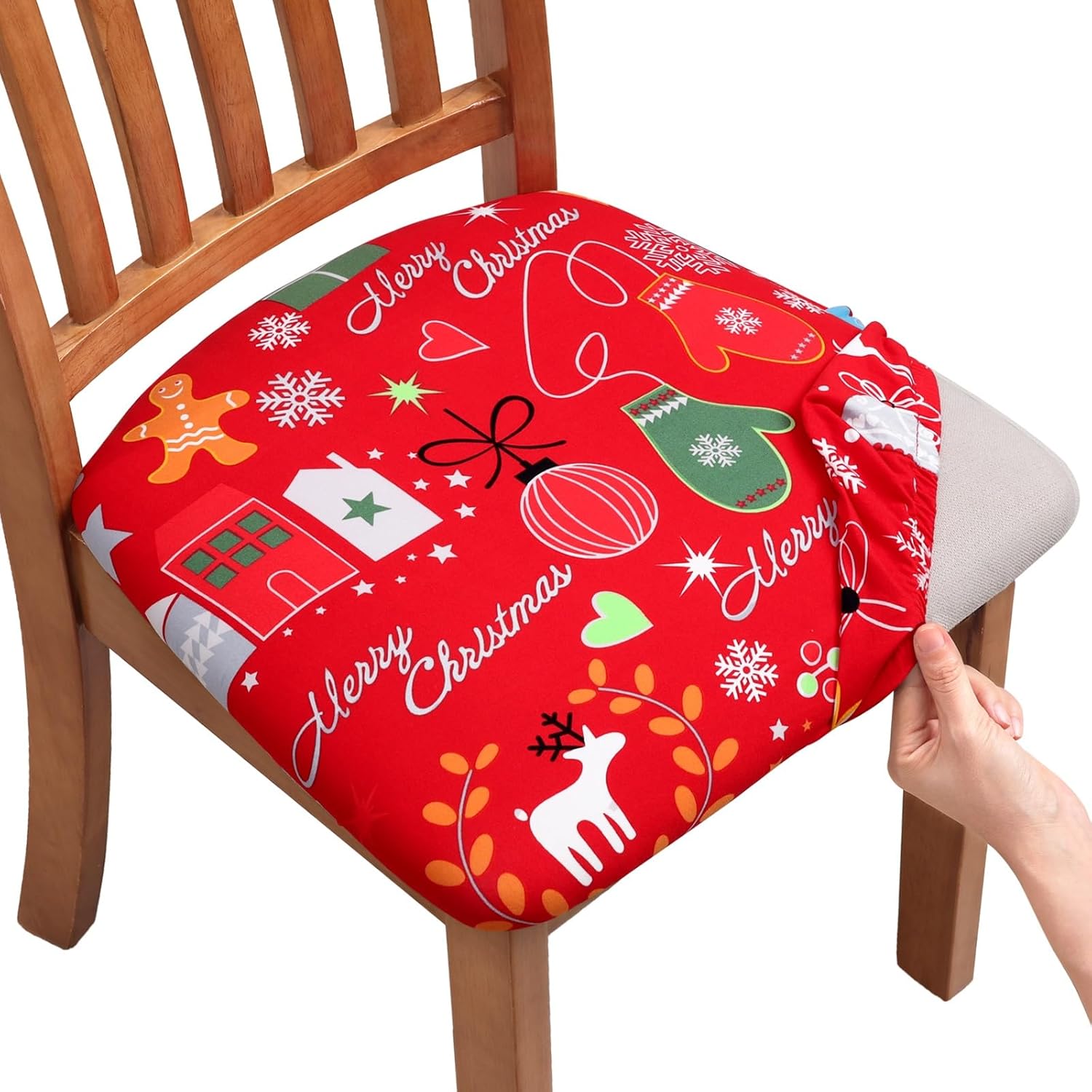 Juego de 4 fundas de asiento navideñas para sillas de comedor, elásticas, extraíbles y lavables, fundas de asiento para sillas de cocina,