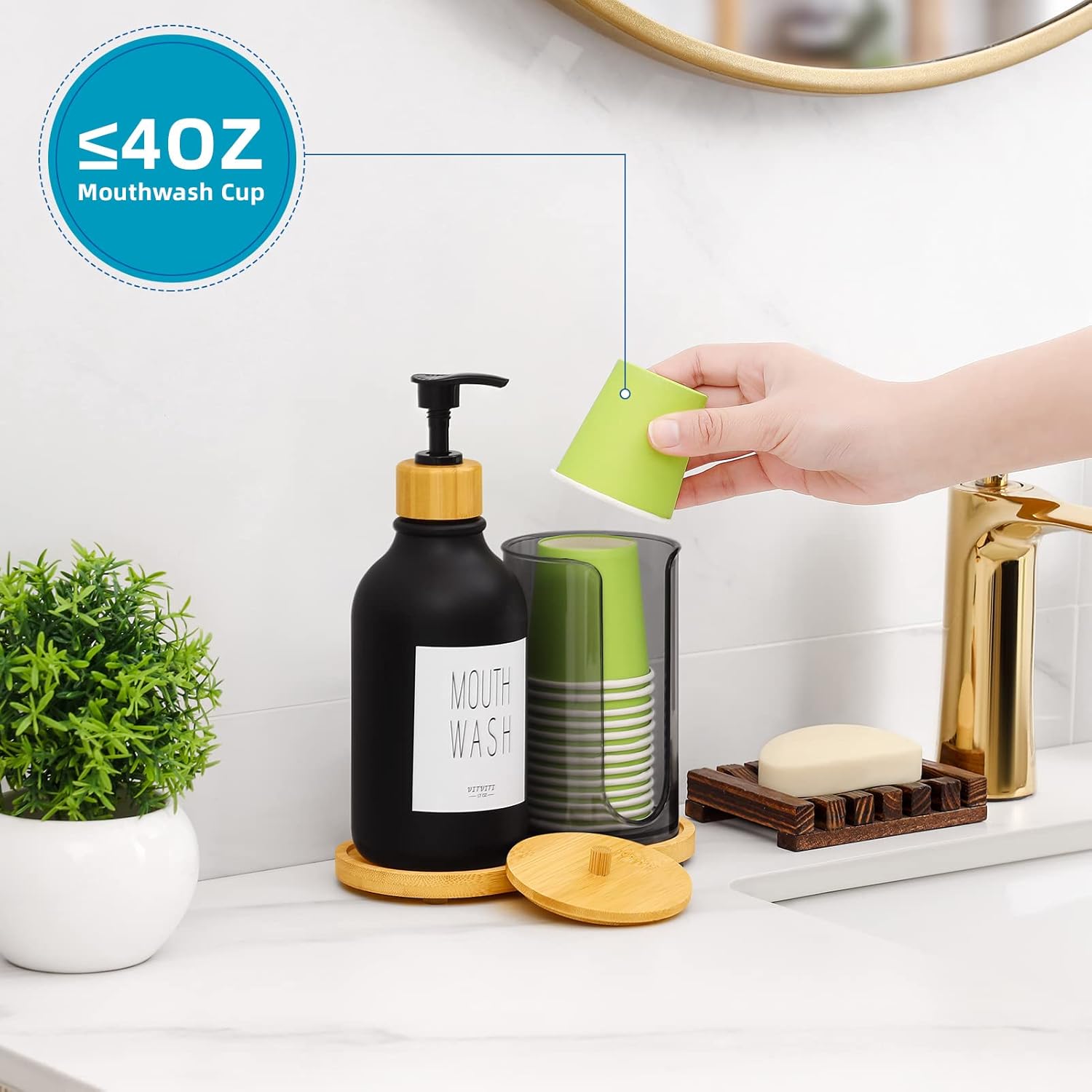 VITVITI Dispensador de enjuague bucal para baño, botella con bomba de lavado bucal con soporte para vasos de papel, contenedor de enjuague bucal