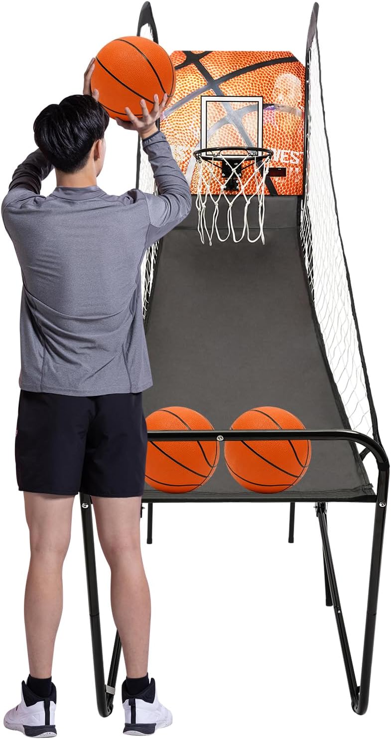 Juego de arcada de baloncesto plegable, con marcador electrónico LED, temporizador, 3 bolas, juego de baloncesto para interiores y exteriores para