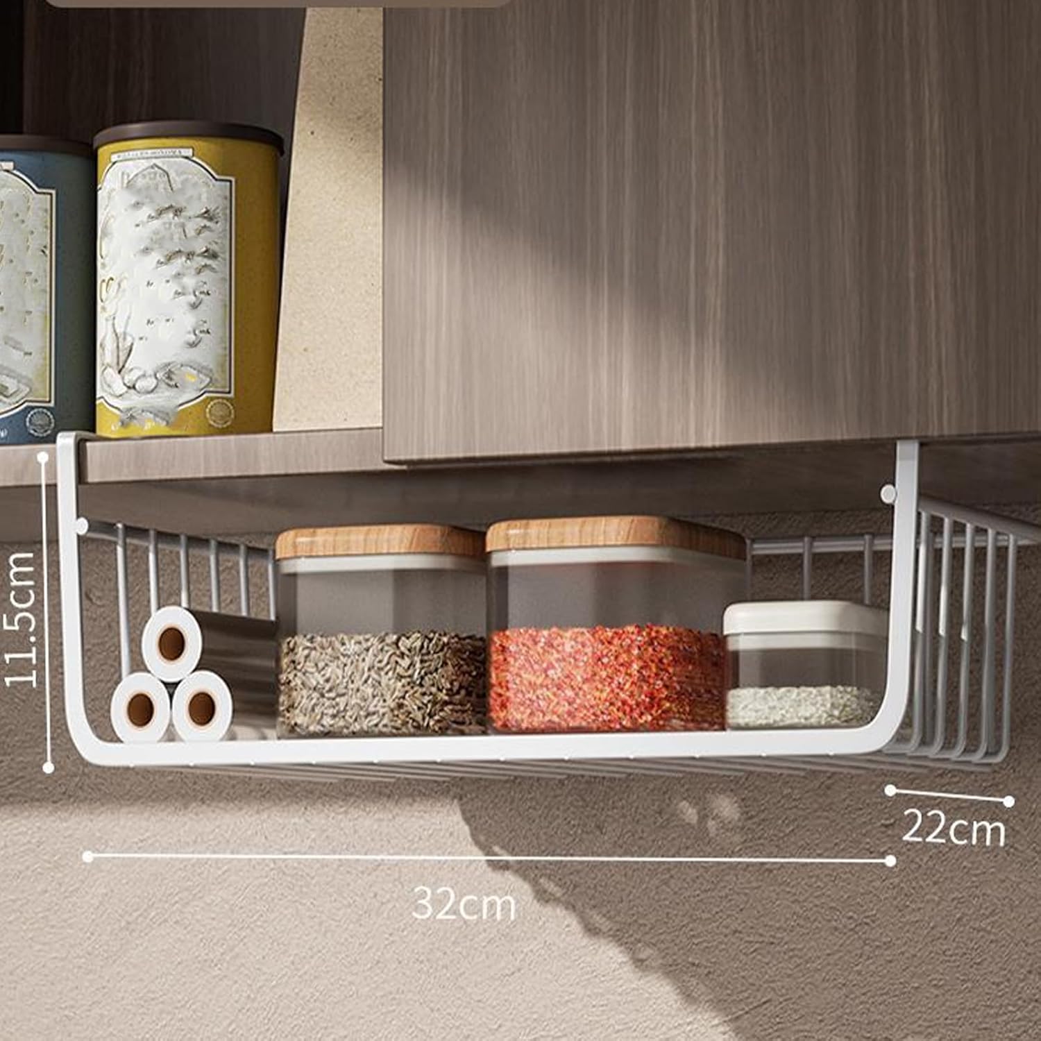 Cesta de almacenamiento para debajo del estante, multiusos, de metal, para cocina, oficina, despensa, escritorio, estantería (M blanco)