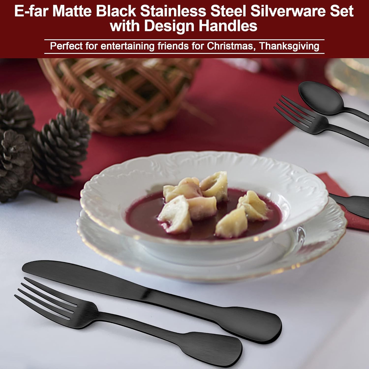 E-far – Juego de cubiertos de acero inoxidable de 40 piezas para 8 piezas con mango de diseño, vajilla de metal moderno para cocina, restaurante,