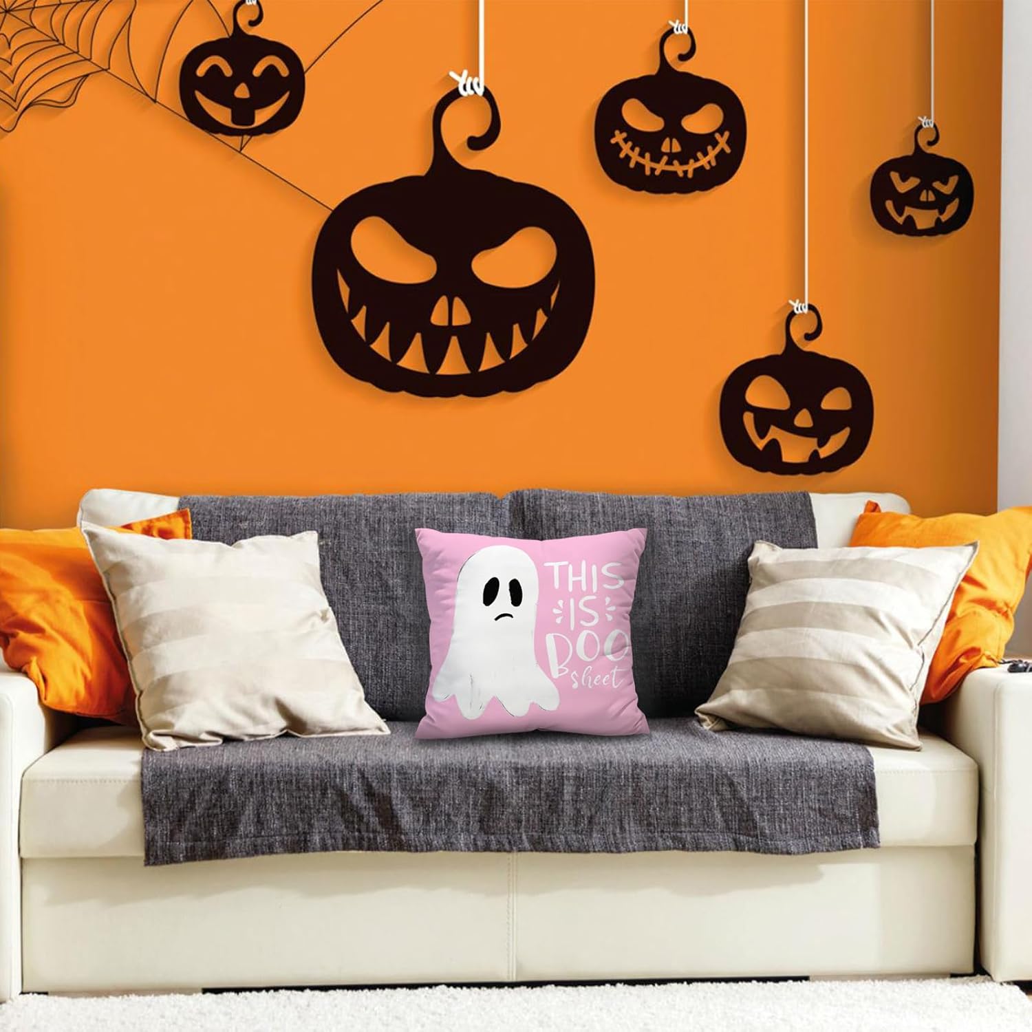 Funda de almohada de Halloween rosa y blanca con fantasma, fundas de almohada lumbar, decoración al aire libre, almohadas decorativas para