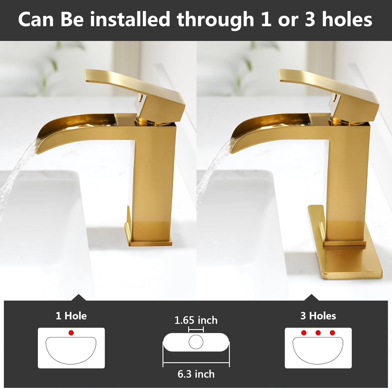 Grifo de baño dorado en cascada  Grifos de lavabo de una sola manija para baño de 1 agujero o 3 agujeros para 4 pulgadas  Moderno grifo de latón