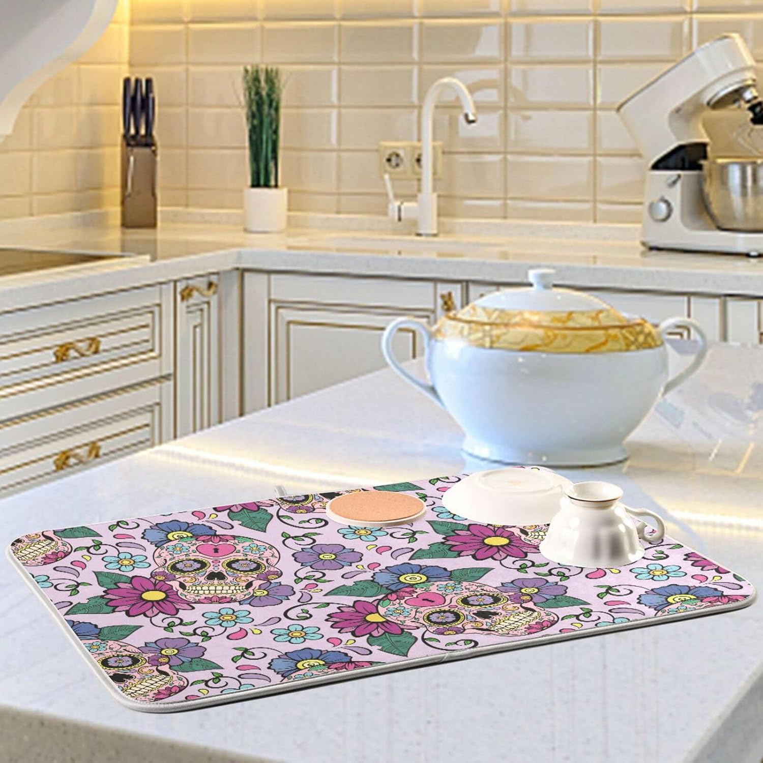 Festive Sugar Skulls Drying Dish Mat Washnable Absorbent Kitchen Countertop Decor Drying Mats For Countertop Tapete Para Cocina 16” x 18”