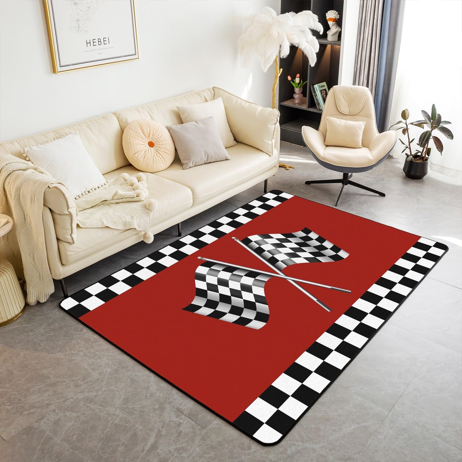 Alfombra con estampado de bandera a cuadros de 5 x 6 pies 6 pulgadas, alfombra temática de coche de carreras para decoración de mesita de noche,