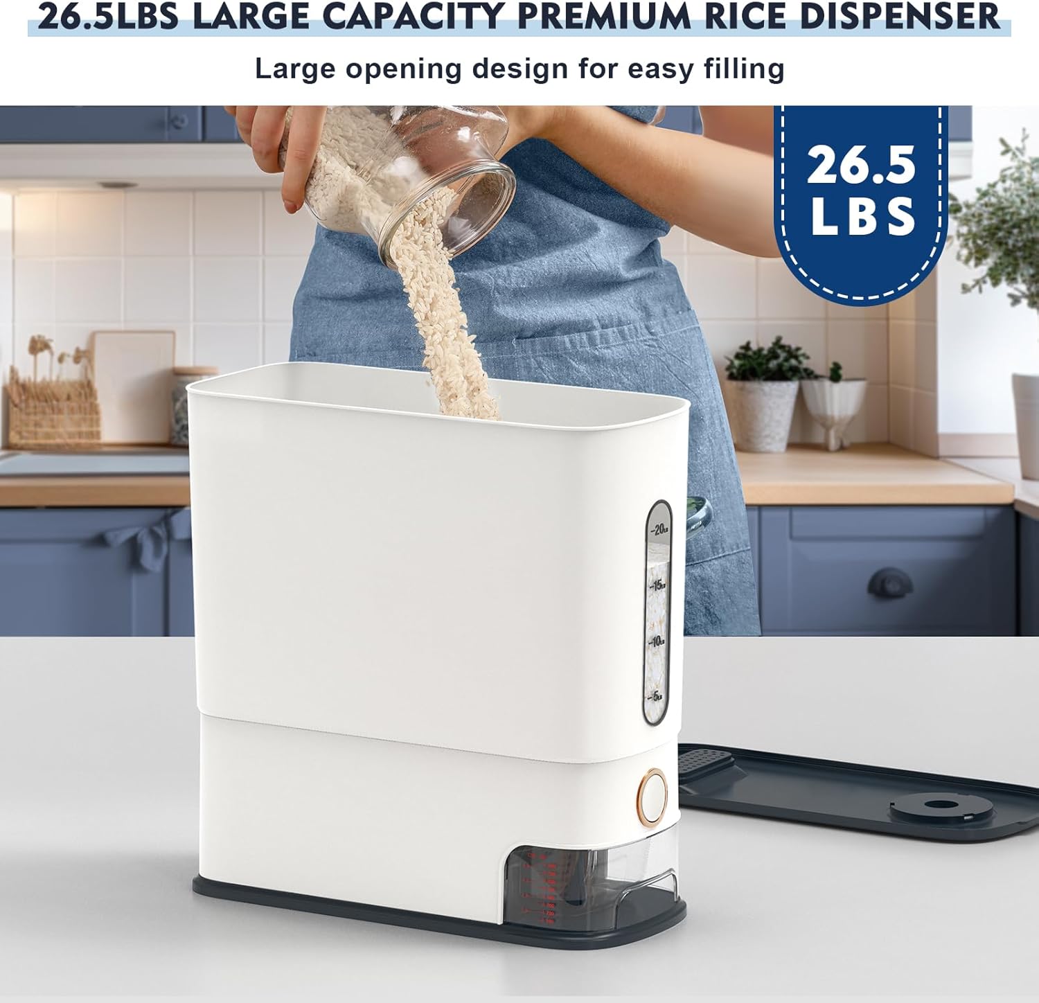 JOJOZOO Dispensador de arroz de 26.5 libras, recipiente grande de almacenamiento de cereales con taza medidora y escala de tiempo, recipiente de