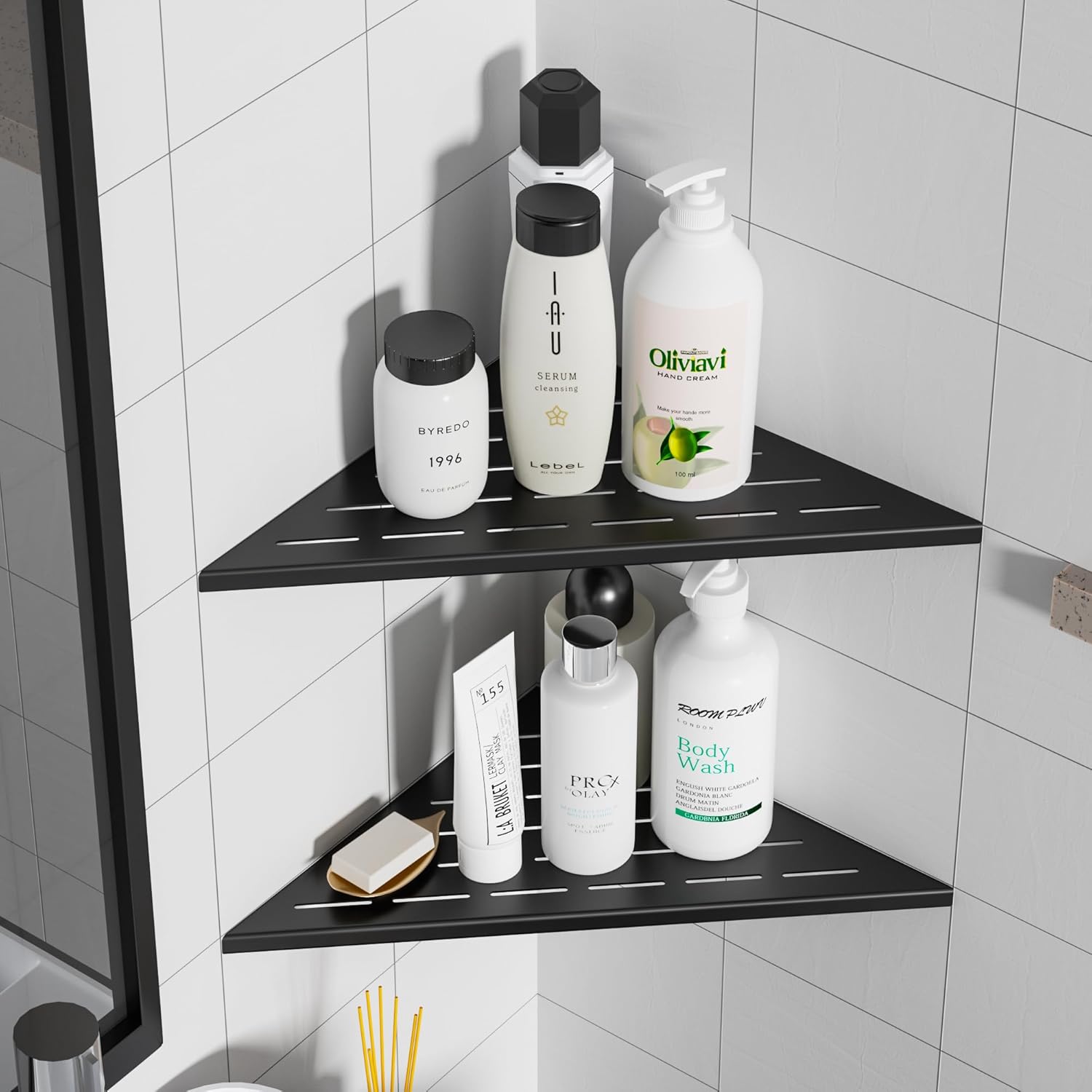 Neodrain Juego de 2 estantes esquineros de pared de color negro mate de 12 pulgadas, estantes de esquina flotantes para pared, estantes de
