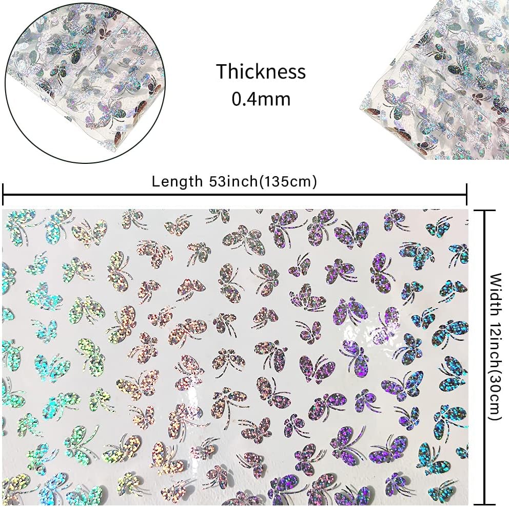 HYANG – Hojas de piel sintética de vinilo holográfico transparente de cloruro de polivinilo con mariposas transparentes, 1 rollo de 12 x 53 pulgadas