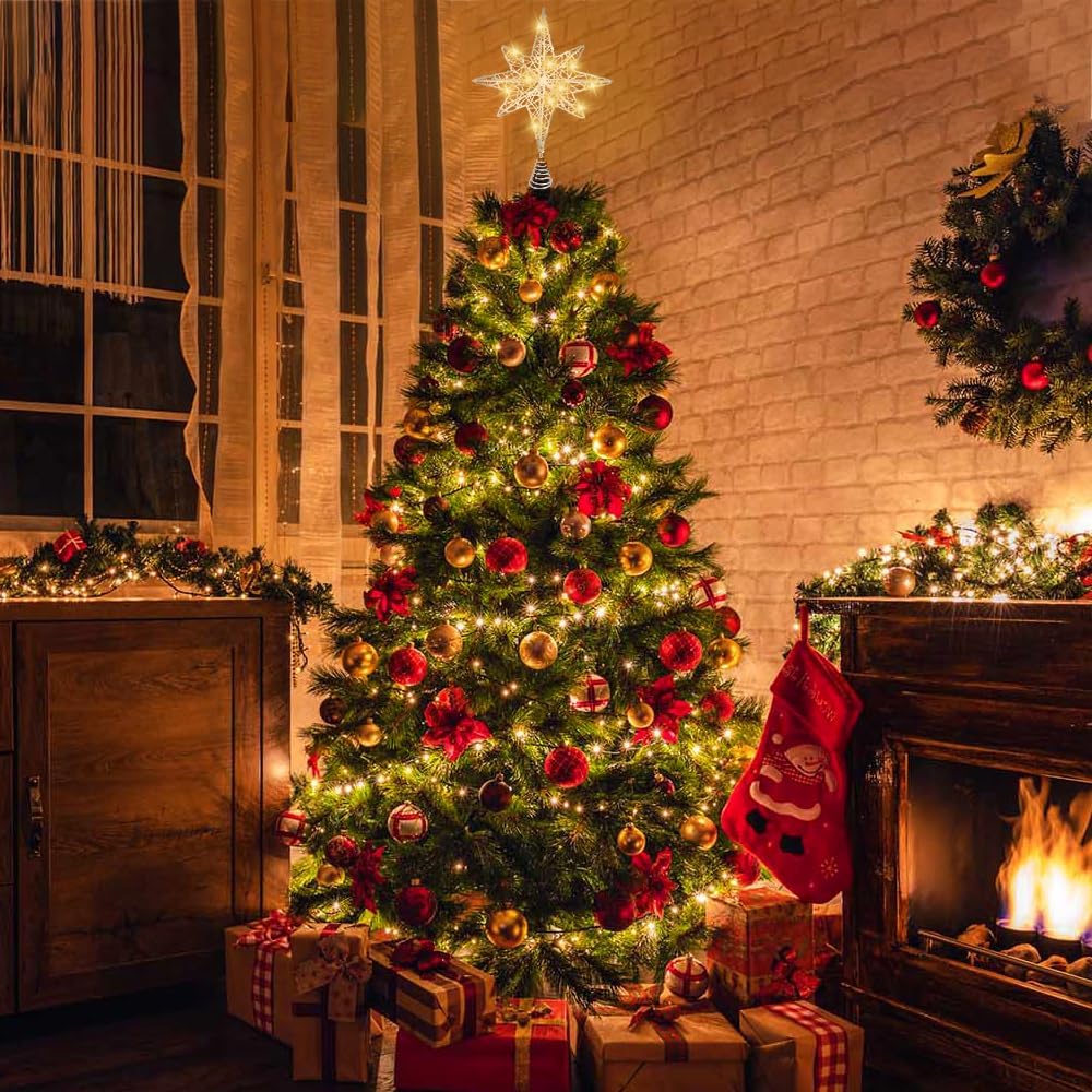 Decoración para árbol de Navidad de 13.5 pulgadas, estrella plateada con 20 luces LED para decoración de árbol de Navidad, adorno para Año Nuevo,