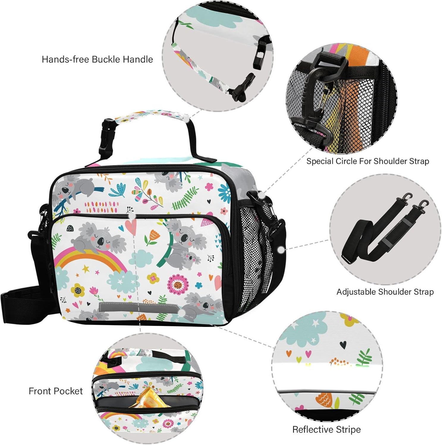 Linda lonchera con estampado de flores de koala para niños y niñas, bolsa de almuerzo aislada para niños, correa de hombro, reutilizable, para la