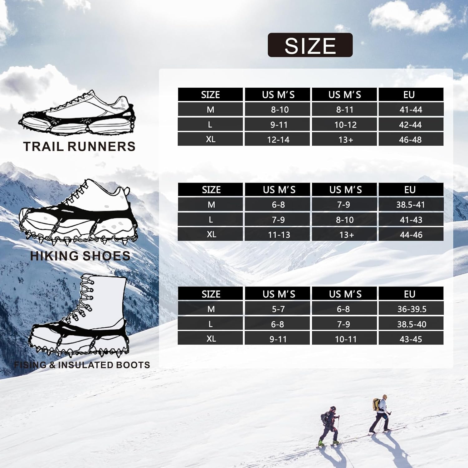 Crampons actualizado 19, spikes agarres para hielo y nieve de tracción, protección al caminar, trotar, senderismo, alpinismo sobre nieve y hielo.