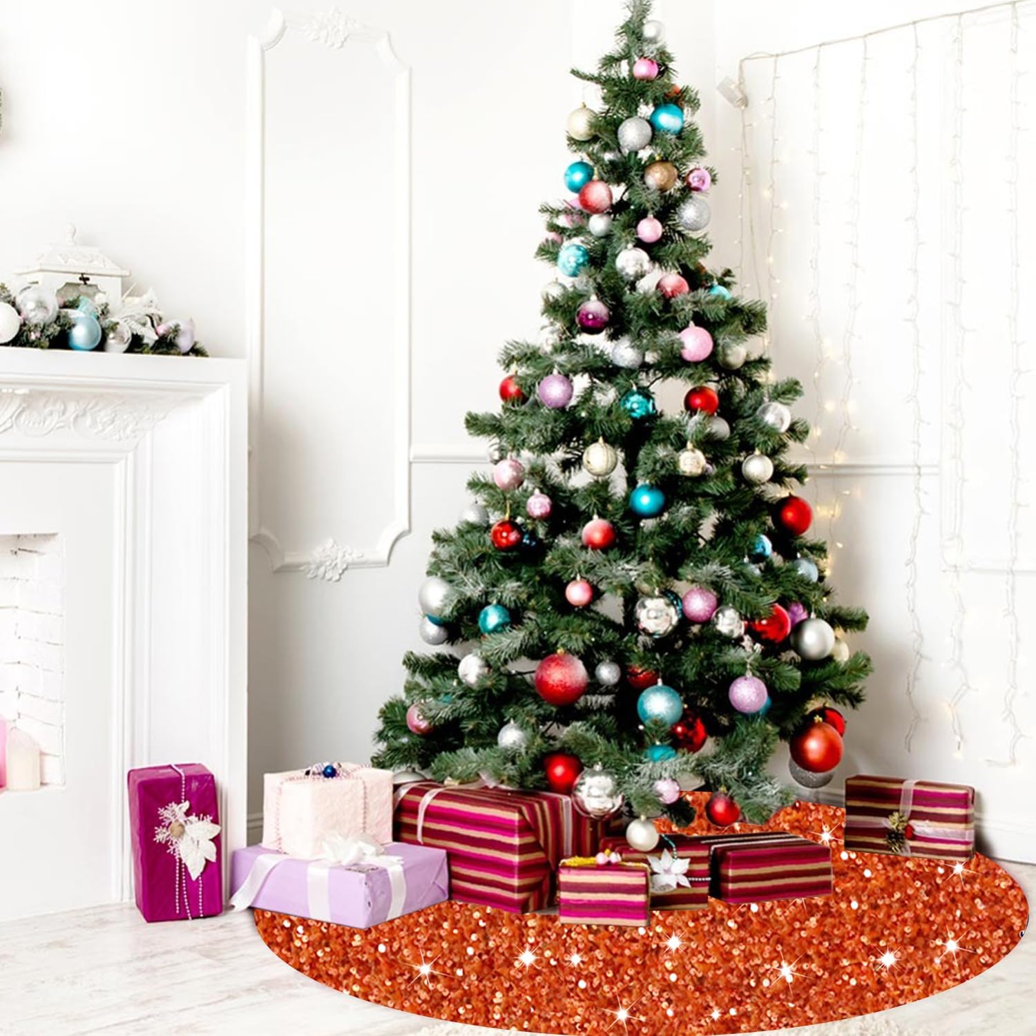 Faldas de árbol de Navidad con purpurina de 21 pulgadas, falda de árbol de Papá Noel con lentejuelas naranjas, tapete de terciopelo para árbol de