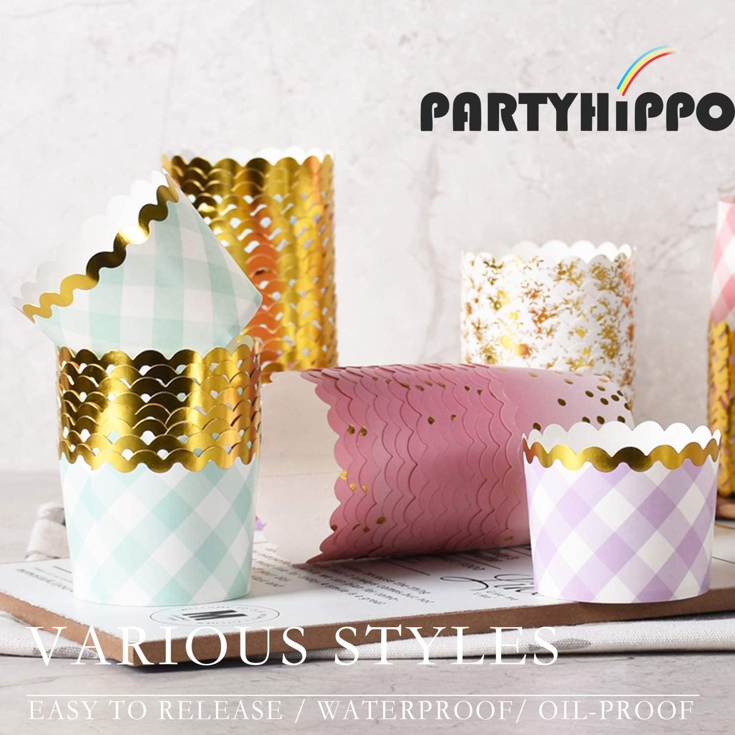 Party Hippo Cupcake – Tazas de 4.5 onzas, 25 piezas desechables de papel de aluminio para magdalenas, tazas doradas para hornear, tazas para hornear
