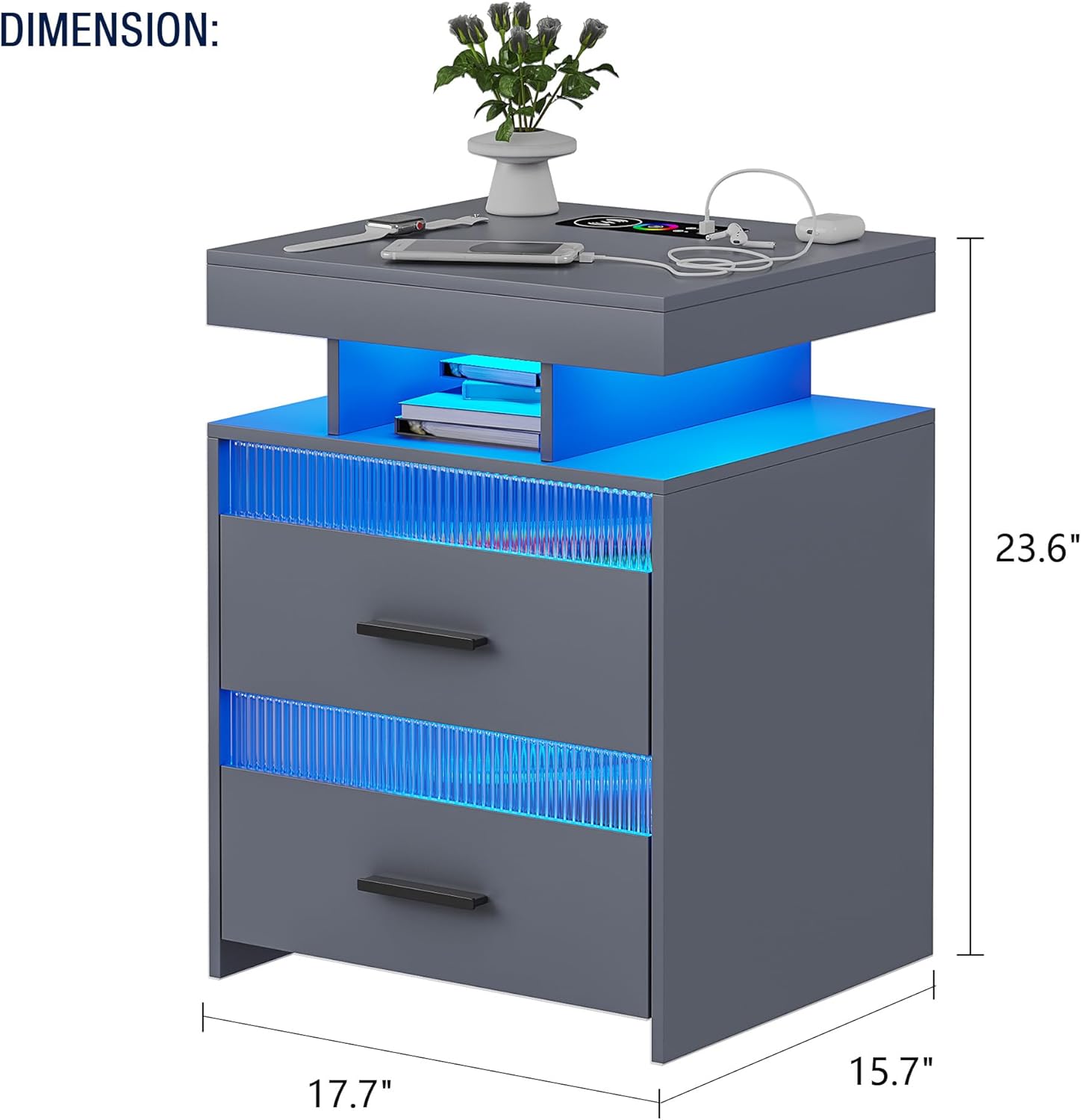 OUTDOOR DOIT Mesita de noche con estación de carga inalámbrica y luces LED, mesitas de noche modernas, mesita de noche con 2 cajones transparentes y