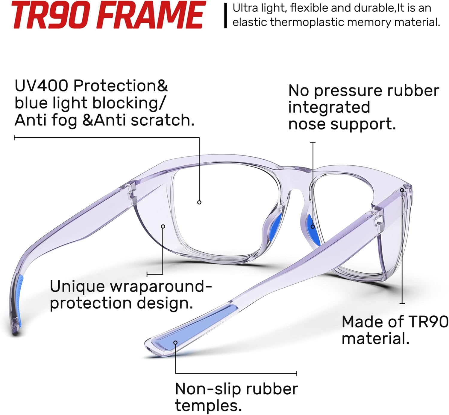 RIVBAO Gafas de seguridad para los ojos con protección UV, resistentes a los arañazos y antiniebla, gafas de laboratorio sobre gafas TA24