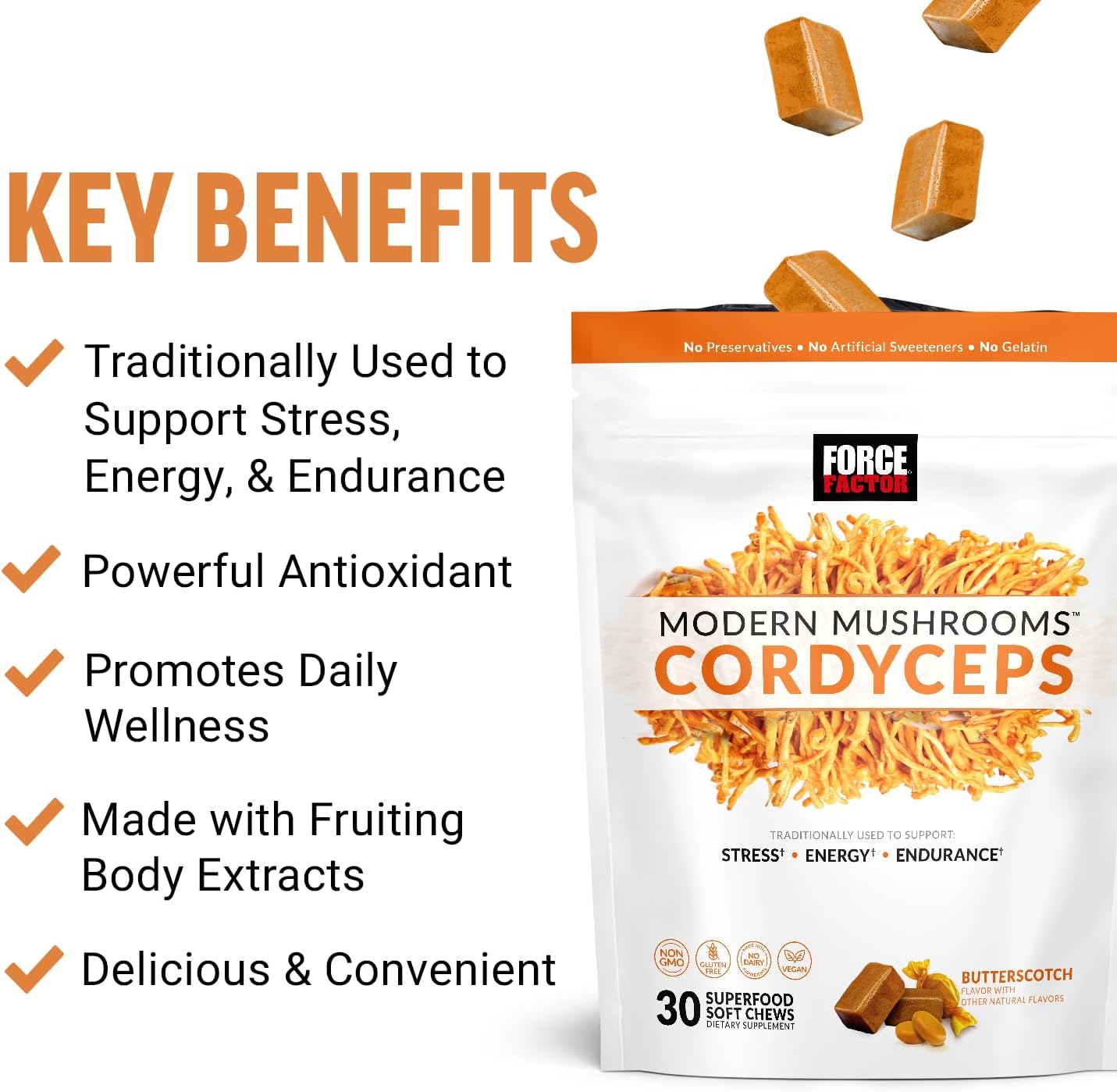 FORCE FACTOR Modern Mushrooms Soft Chews, suplemento de hongos Cordyceps para apoyar el alivio del estrés, la energía y la vitalidad, suplemento