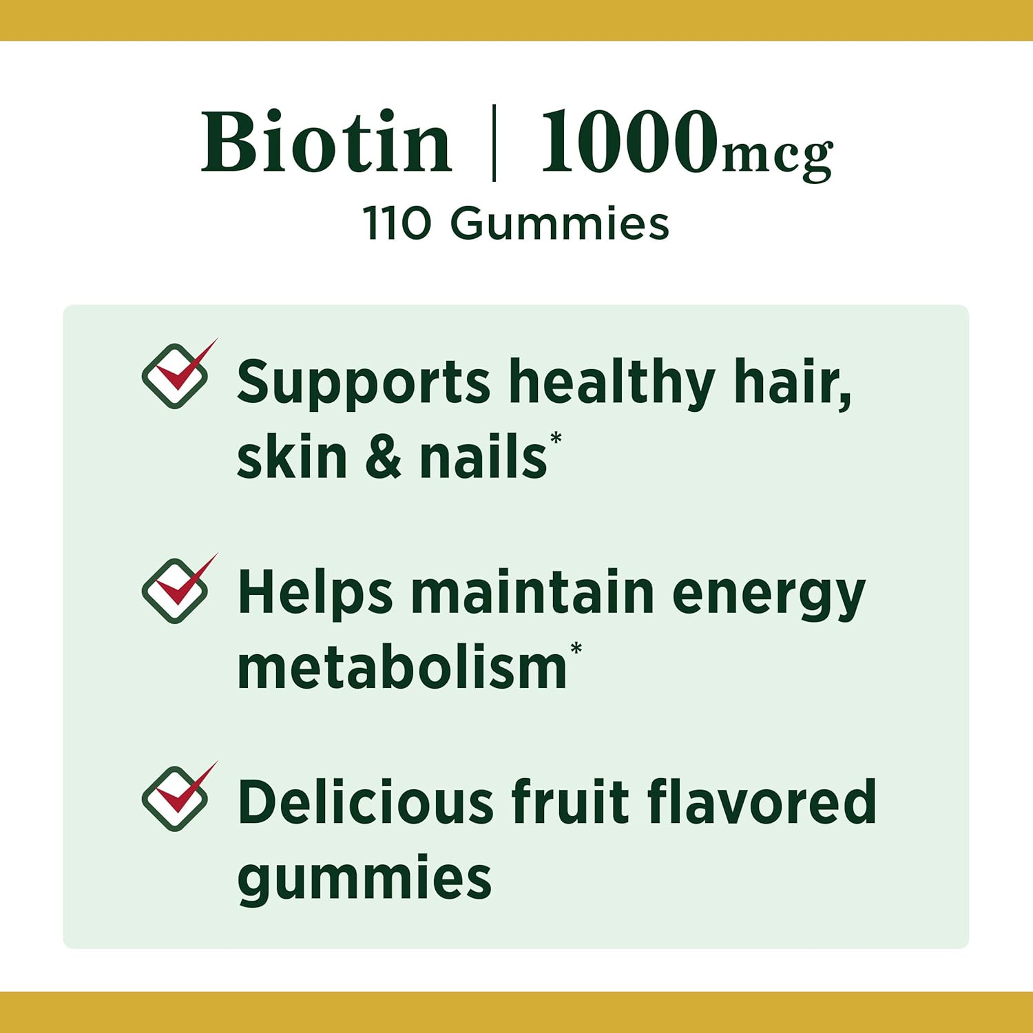 Nature’s Bounty Biotina, suplemento vitamínico, apoya la salud del cabello, la piel y las uñas, gomitas con sabor a frutas, 1000 mcg, 110 unidades