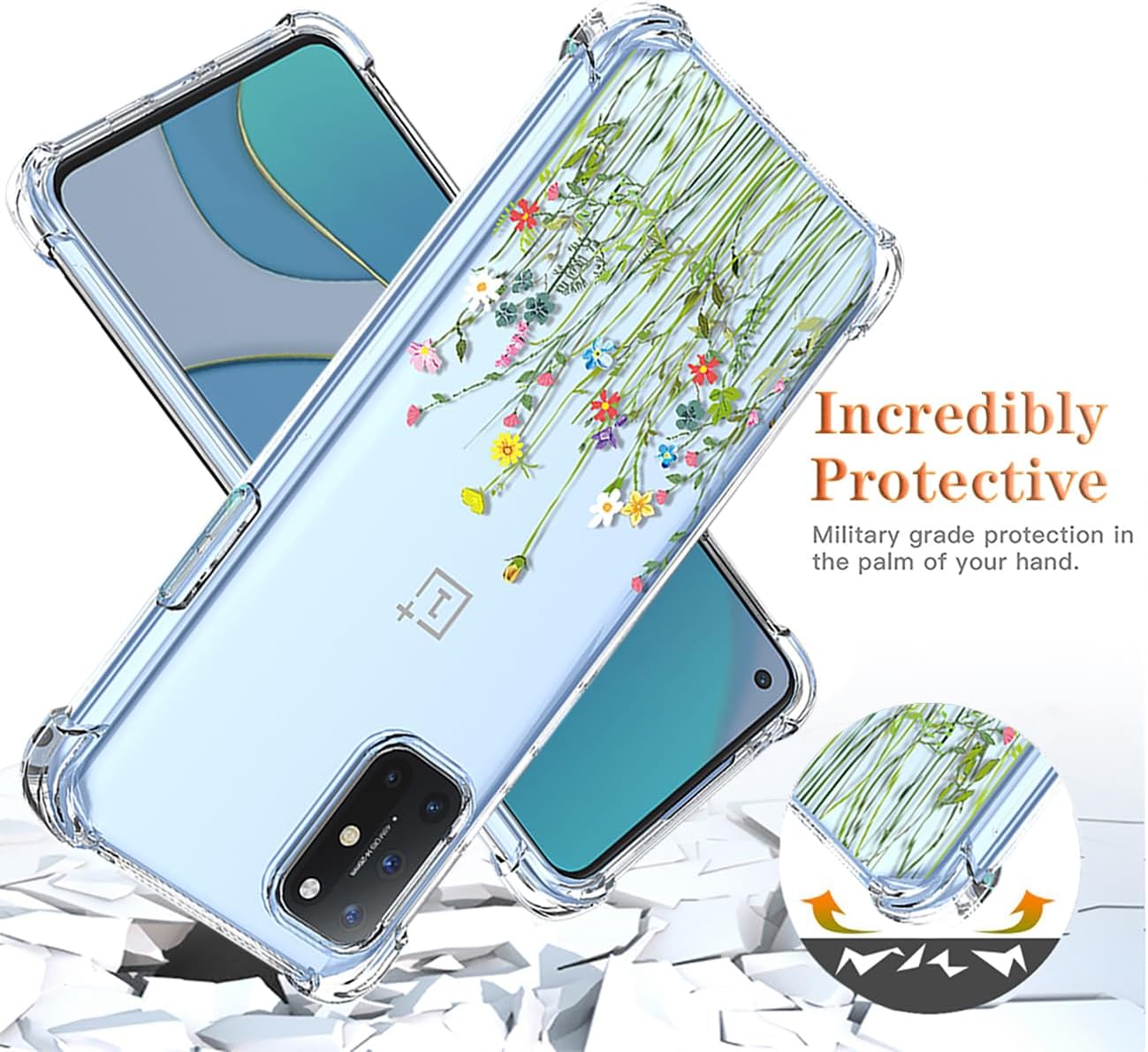 Funda para teléfono OnePlus 8T 5G, OnePlus 8T+ 5G KB2000 con protector de pantalla, funda transparente con patrones de jardín de flores, funda
