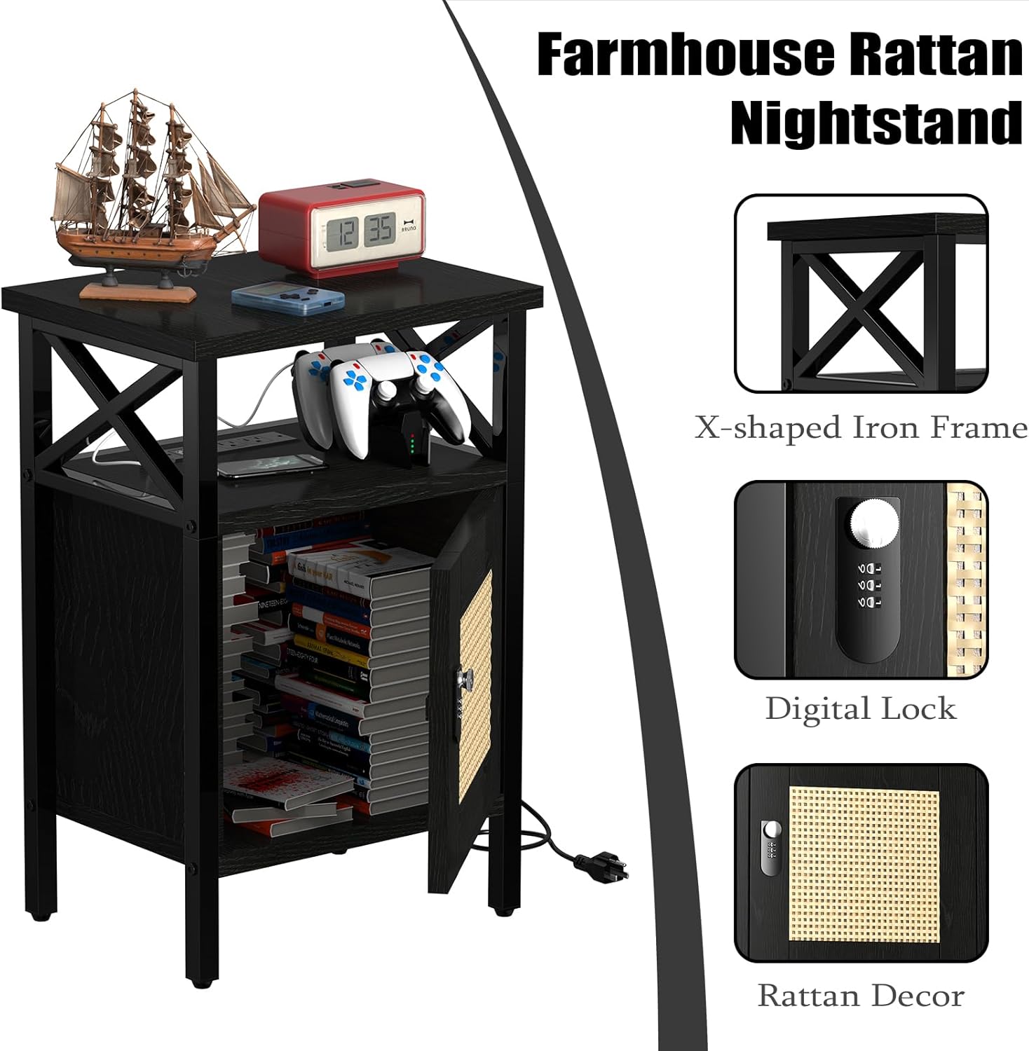 Mesita de noche de ratán con cerradura, mesa auxiliar con puerta y estante abierto, moderna mesita de noche de madera para dormitorio, sala de