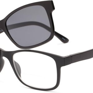 Gafas de sol de lectura bifocales cuadradas retro en negro con lentes ahumadas de Readers.com The Peace Polarized Magnetic +1.25 Gafas de sol de lectura bifocales cuadradas retro en negro con lentes ahumadas de Readers.com The Peace Polarized Magnetic +1.25