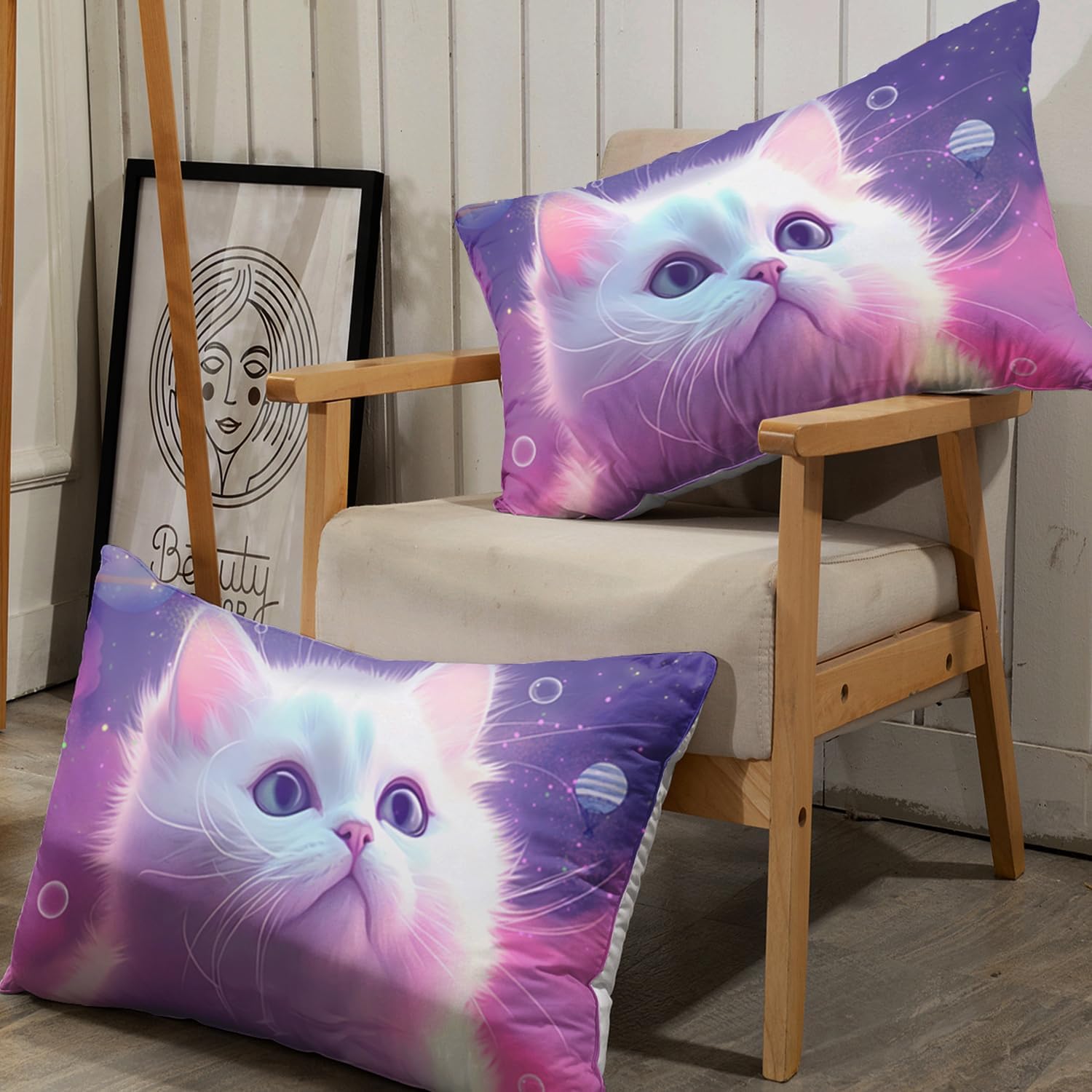 AILONEN Juego de sábanas bajeras de tamaño Queen, juego de sábanas de planeta de gato de ensueño para niños y niñas, juego de sábanas de 3 piezas