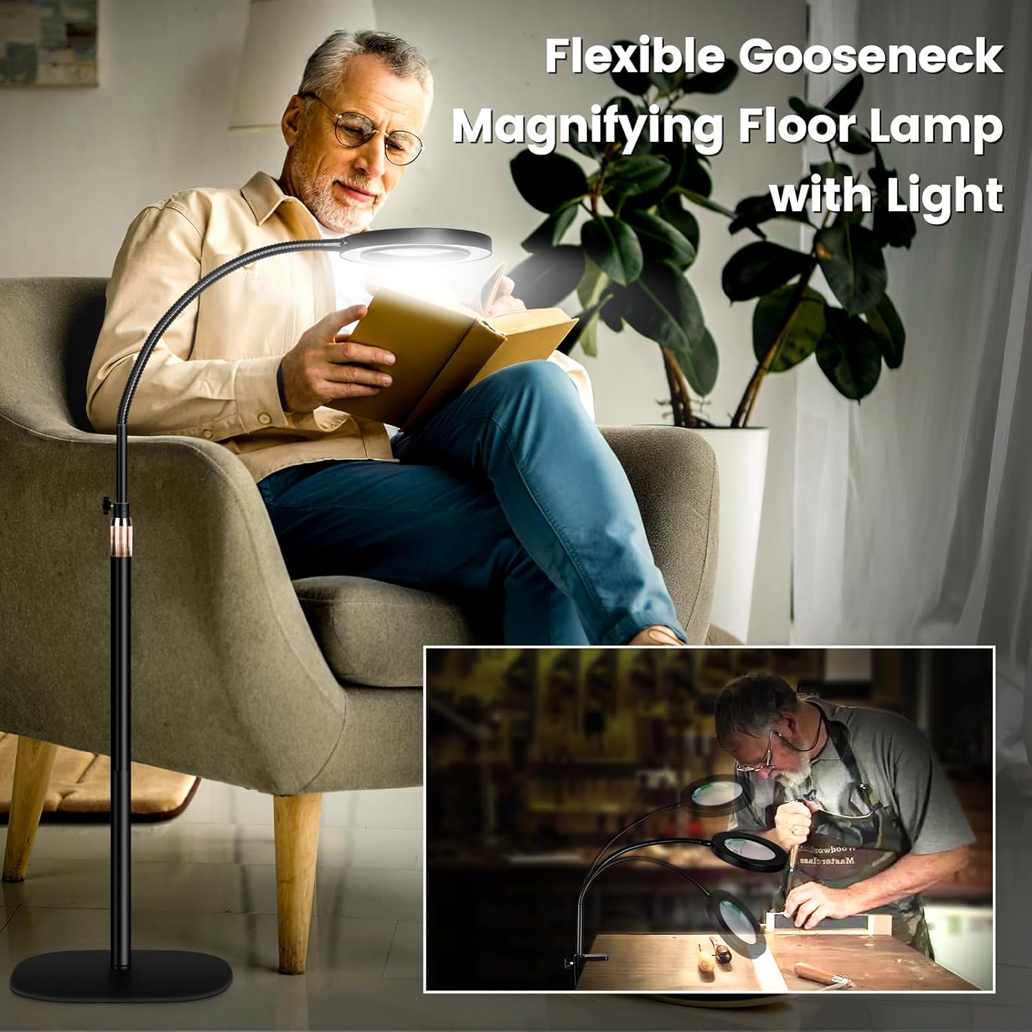 NUEYiO – Lupa 10X con luz y soporte, lámpara de pie con lupa LED regulable de 3 colores, con cuello de cisne de 24 pulgadas, brazo oscilante