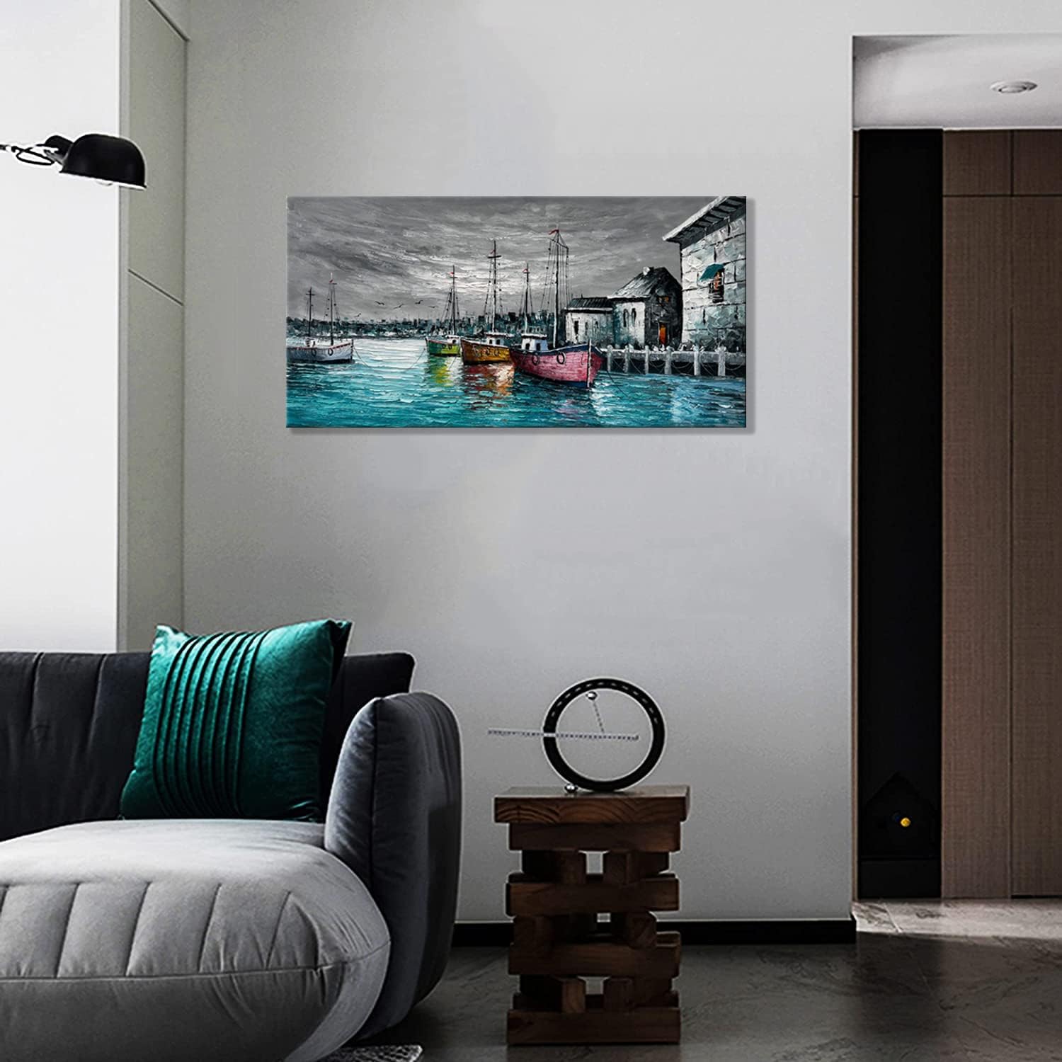 zoinart Lienzo grande pintado a mano de 48 x 24 pulgadas, pinturas abstractas para pared, textura contemporánea, arte de pared de muelle, paisaje,