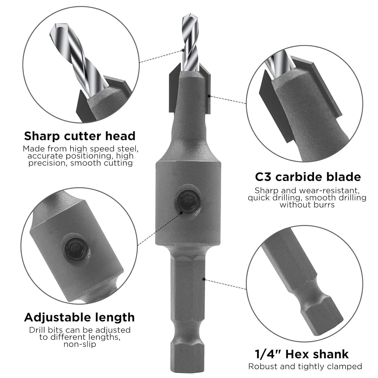 KOWOOD Juego de 3 brocas avellanadas con vástago hexagonal de 14 pulgadas con tope de profundidad ajustable para madera, escariador de carpintería