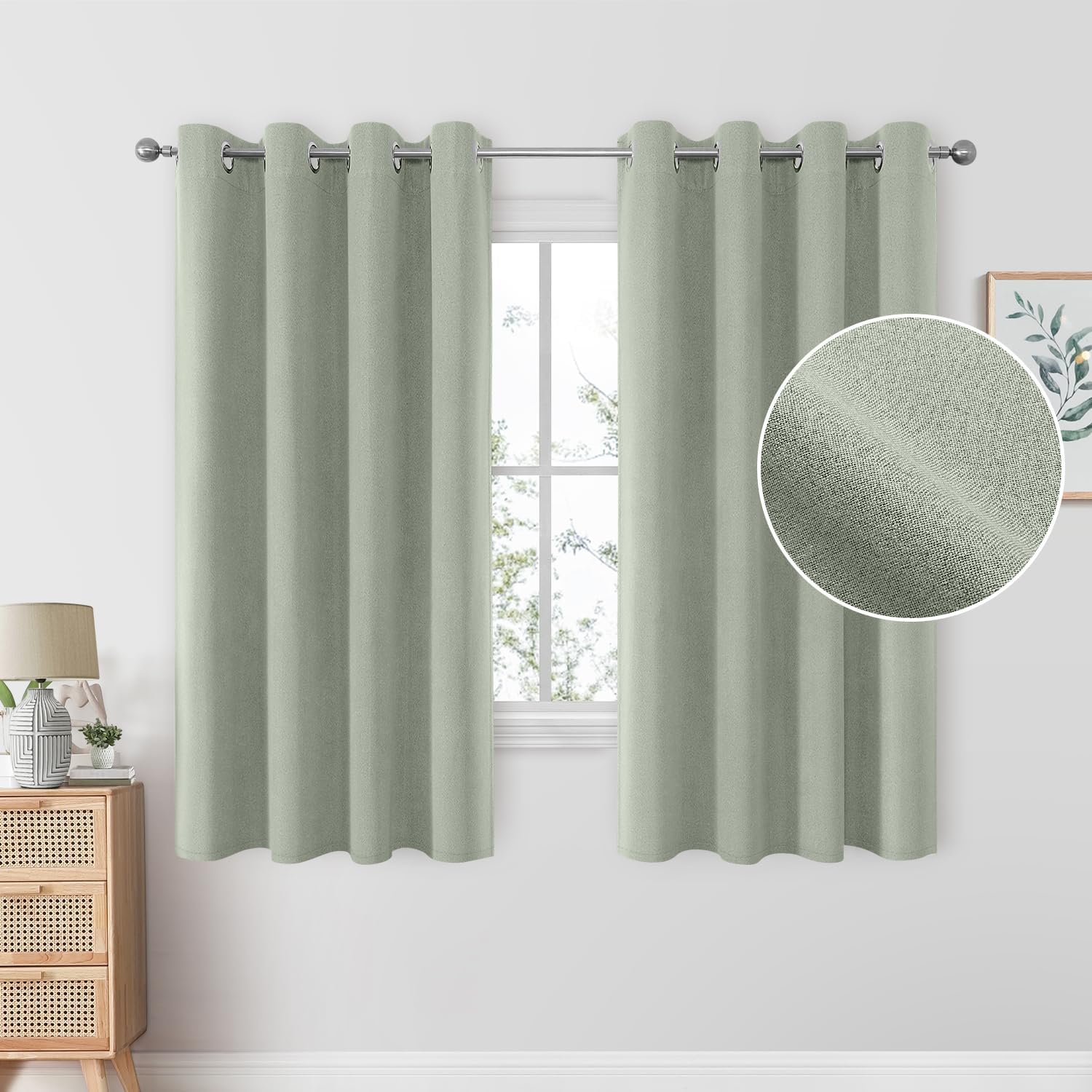 HOMEIDEAS Cortinas opacas 100% verde salvia para dormitorio, cortinas de lino de 63 pulgadas de largo, 2 paneles para sala de estar, lino sintético,